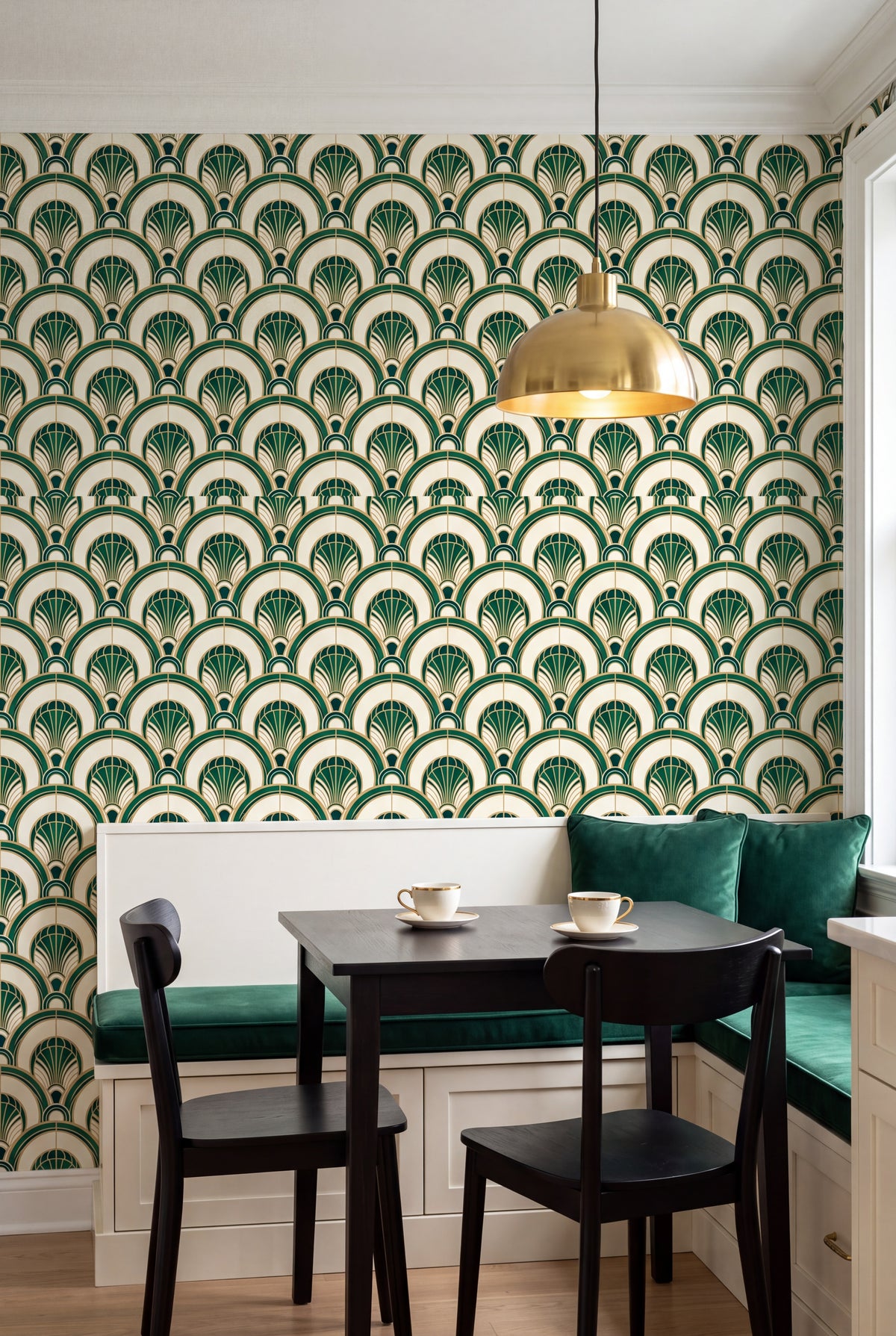Ivory Deco Arch wallpaper shown in a kitchen breakfast nook