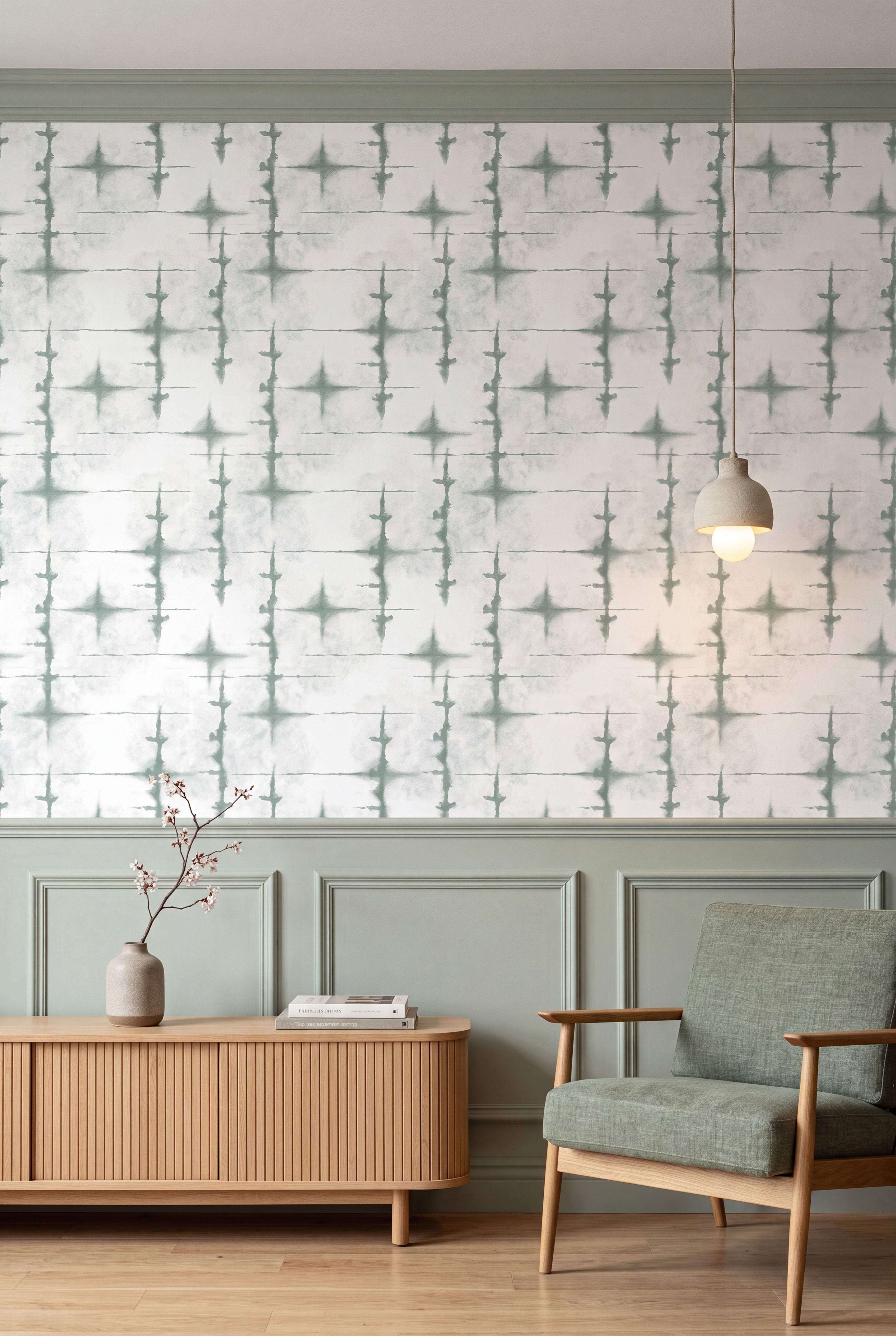 Julep Swirl wallpaper shown in a living room