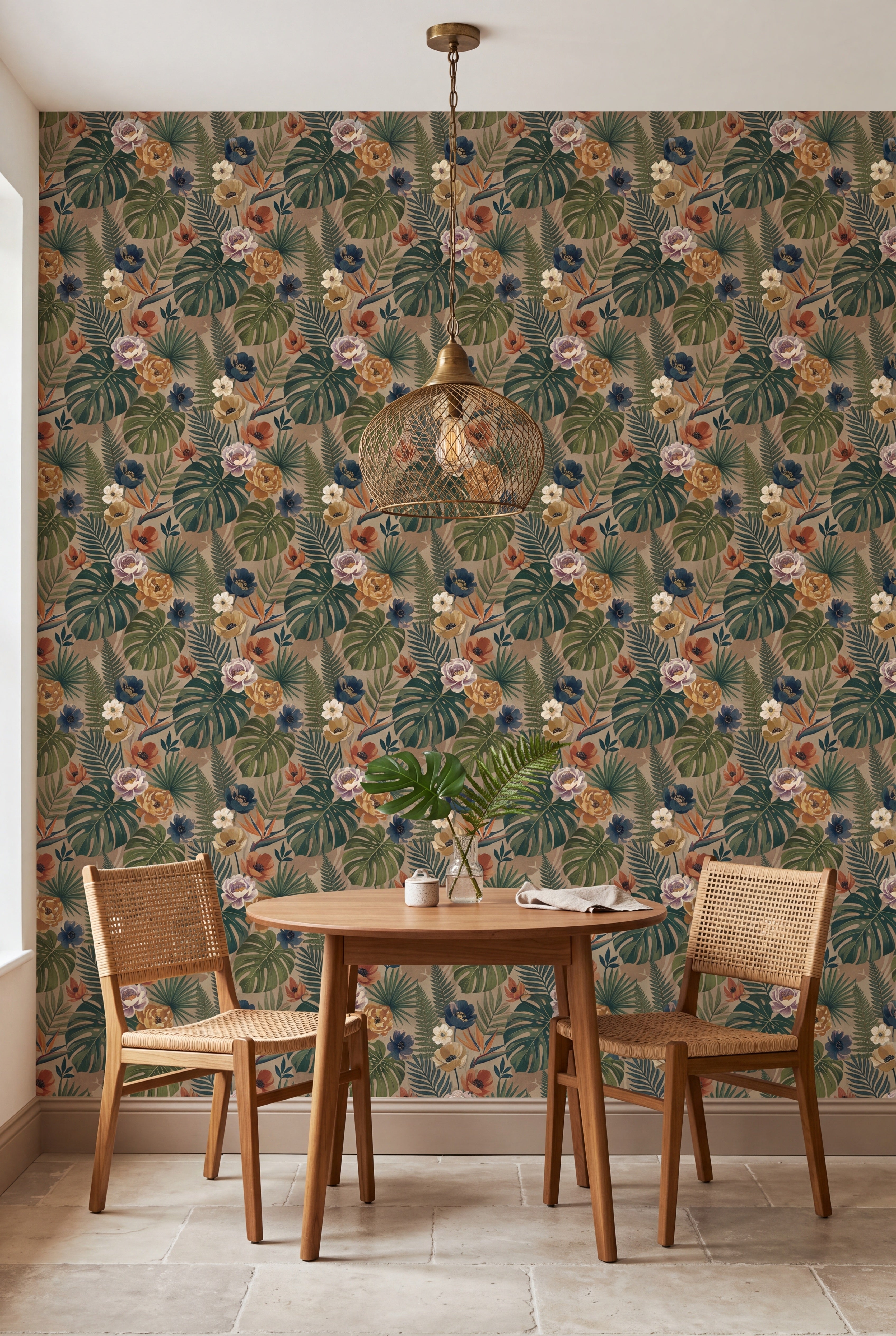 Taupe Tropic wallpaper shown in a kitchen breakfast nook