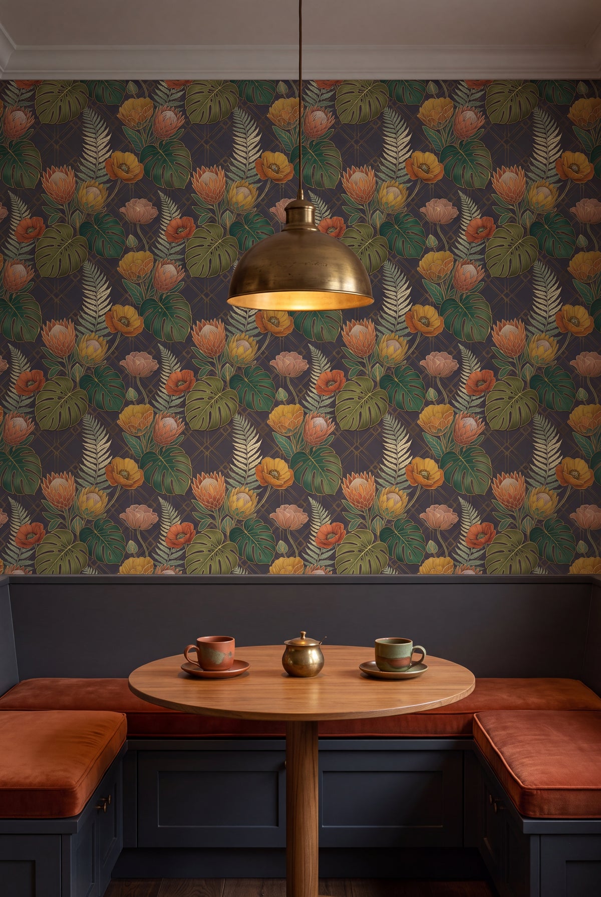 Protea Nocturne wallpaper shown in a kitchen breakfast nook
