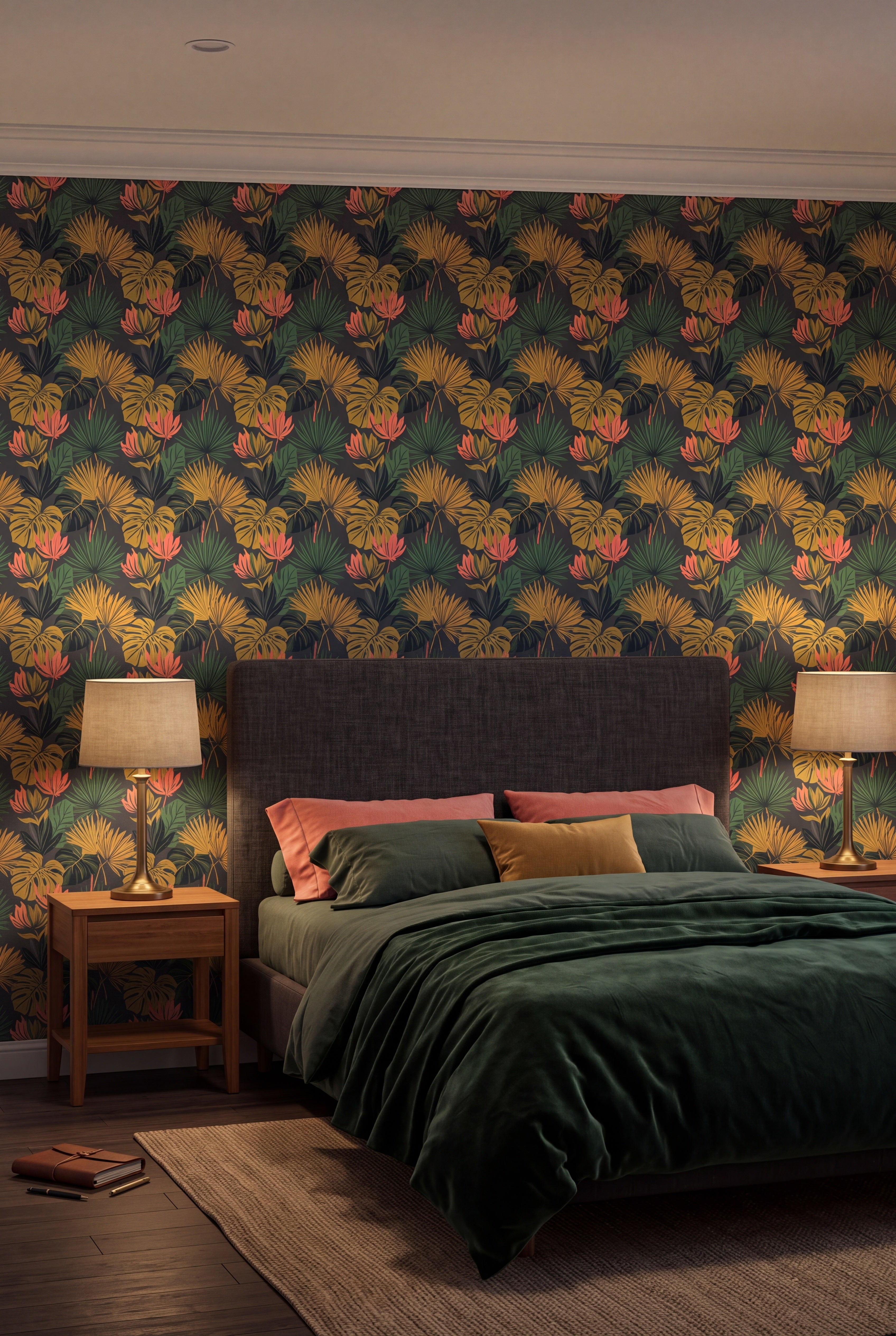 Gilded Palm wallpaper shown in a bedroom