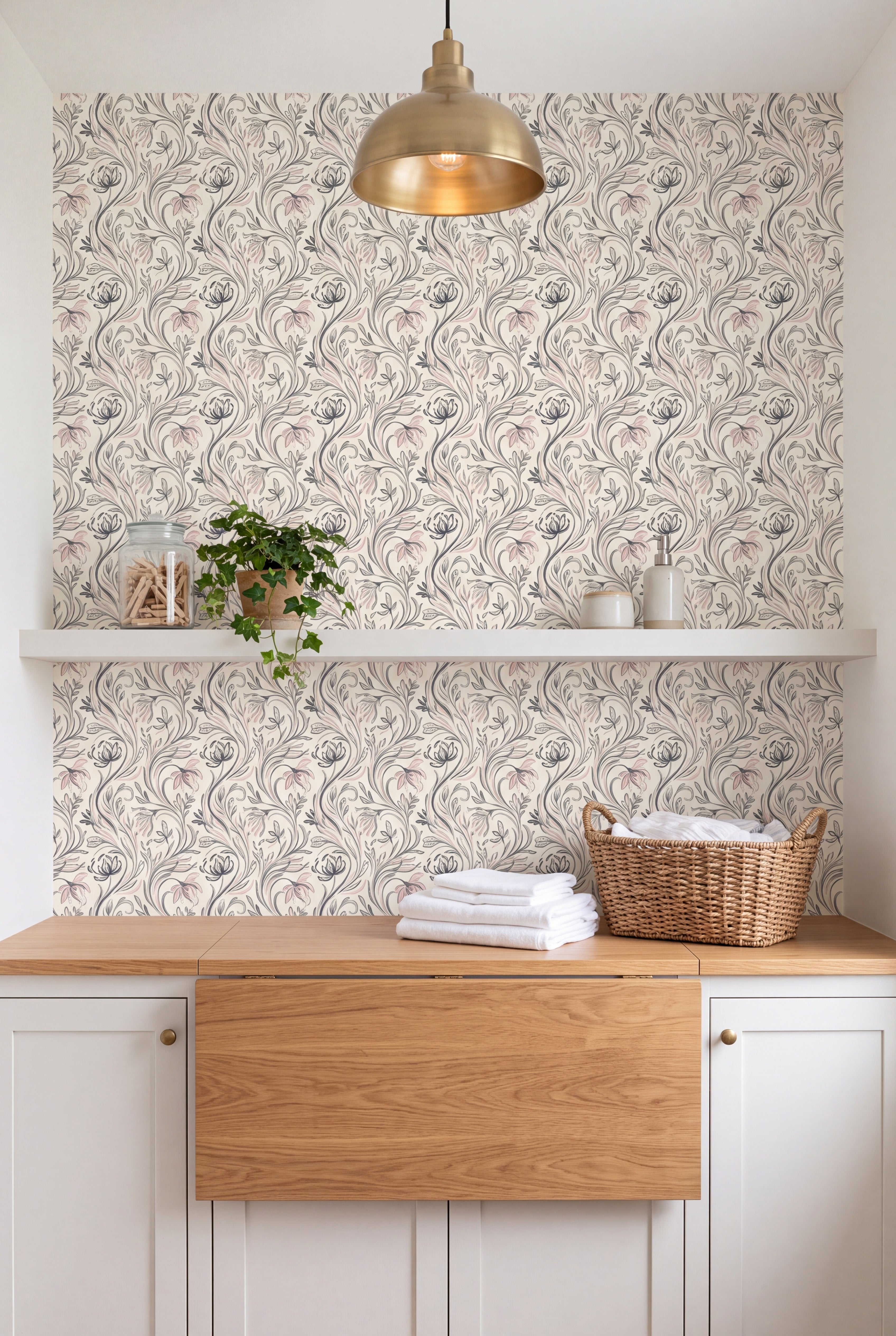Pencil Botanical wallpaper shown in a laundry room
