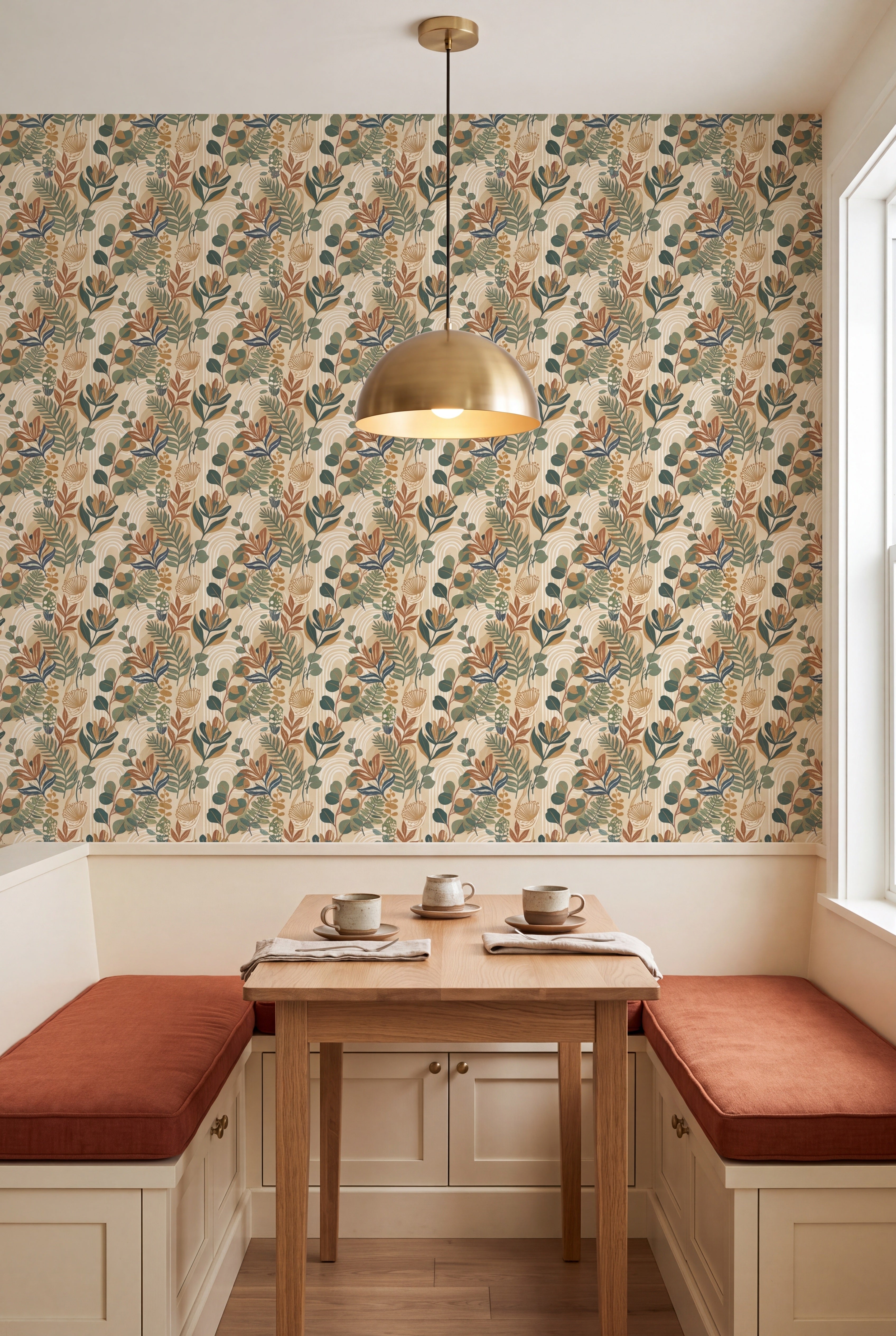 Sage Sprig wallpaper shown in a kitchen breakfast nook