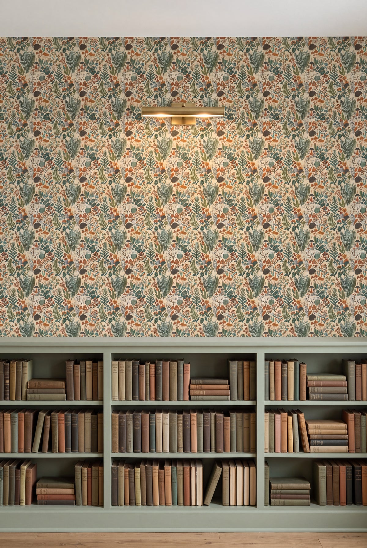 Owl Hollow wallpaper shown in a library