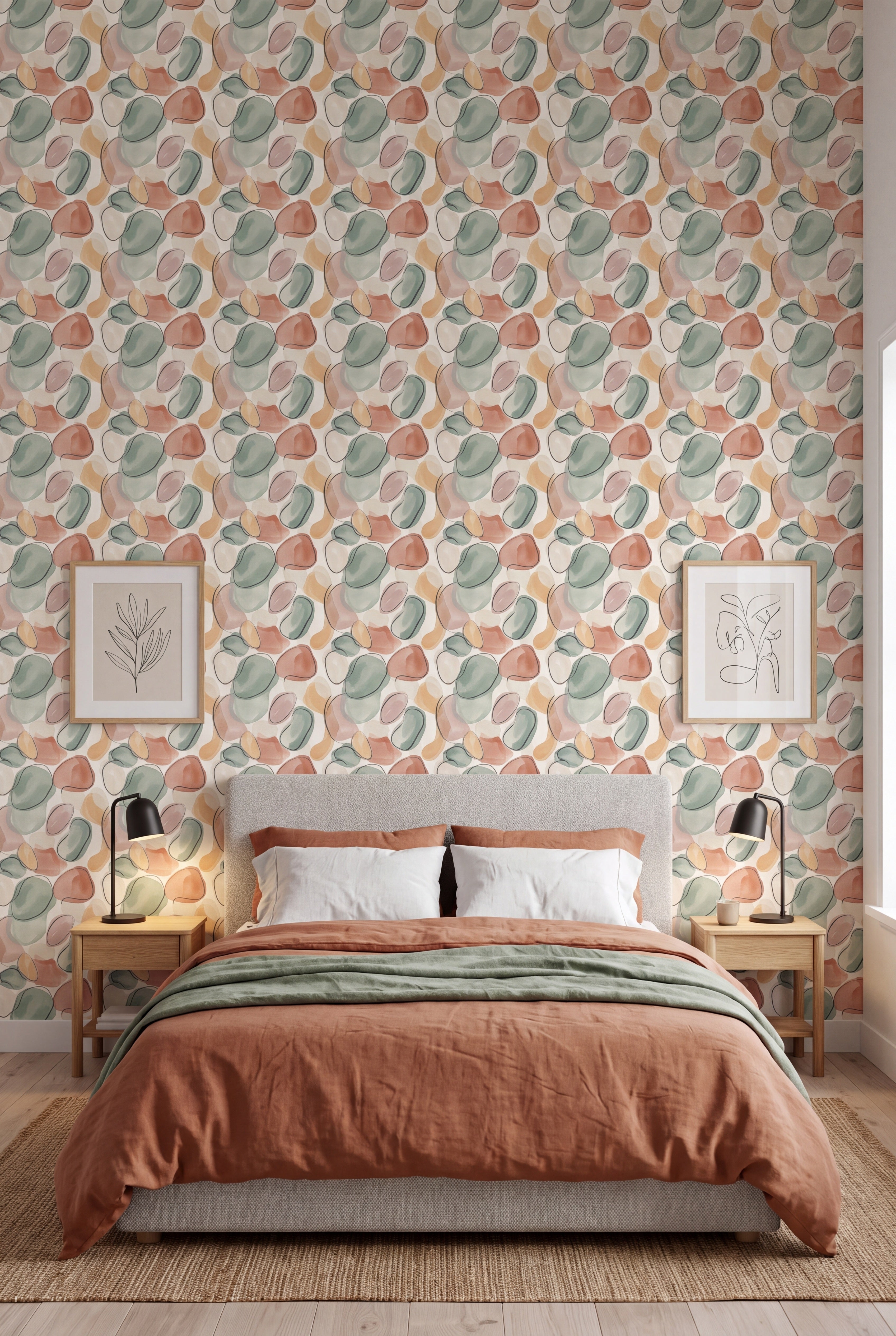 River Pebble wallpaper shown in a bedroom