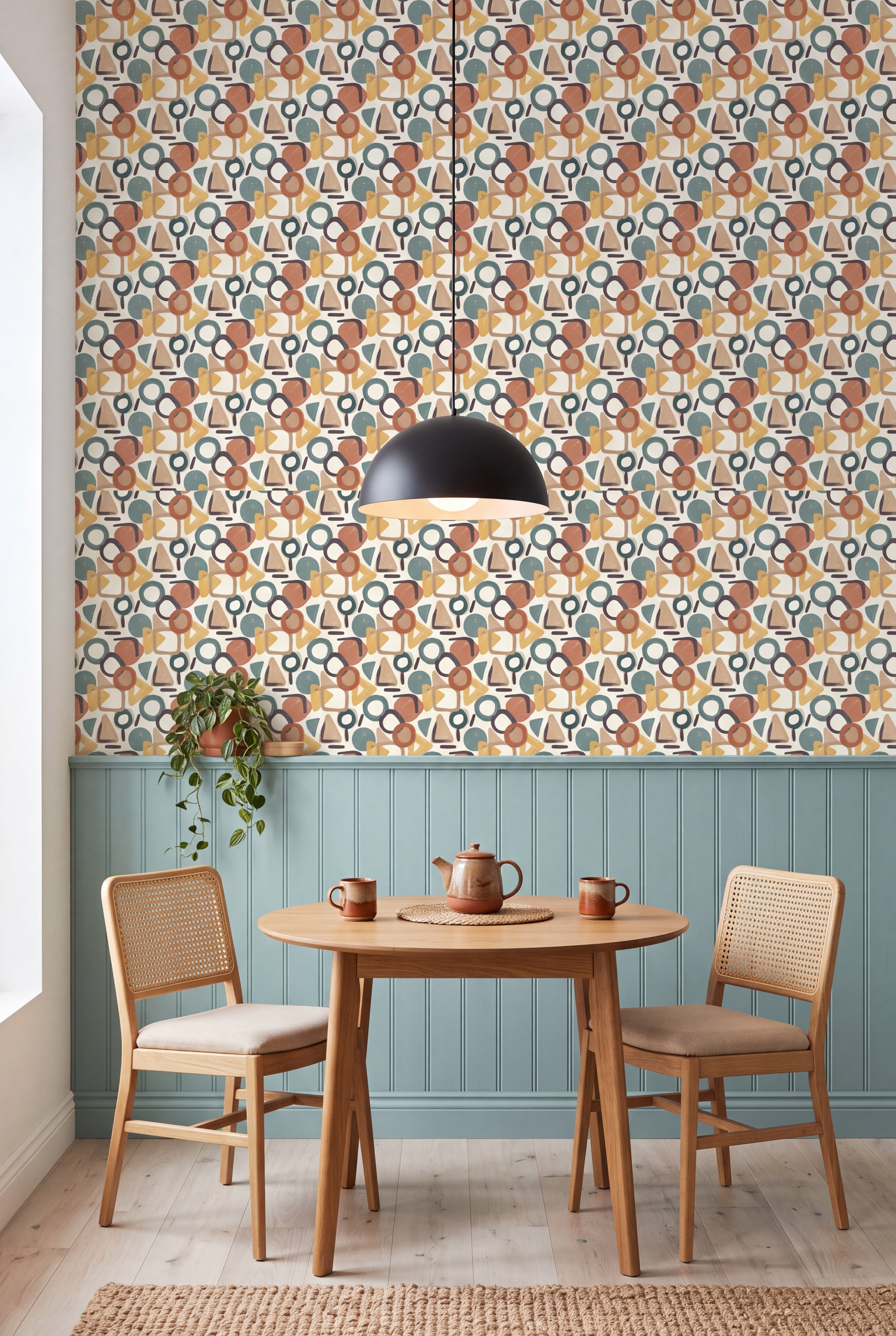 Mod Loop wallpaper shown in a kitchen breakfast nook
