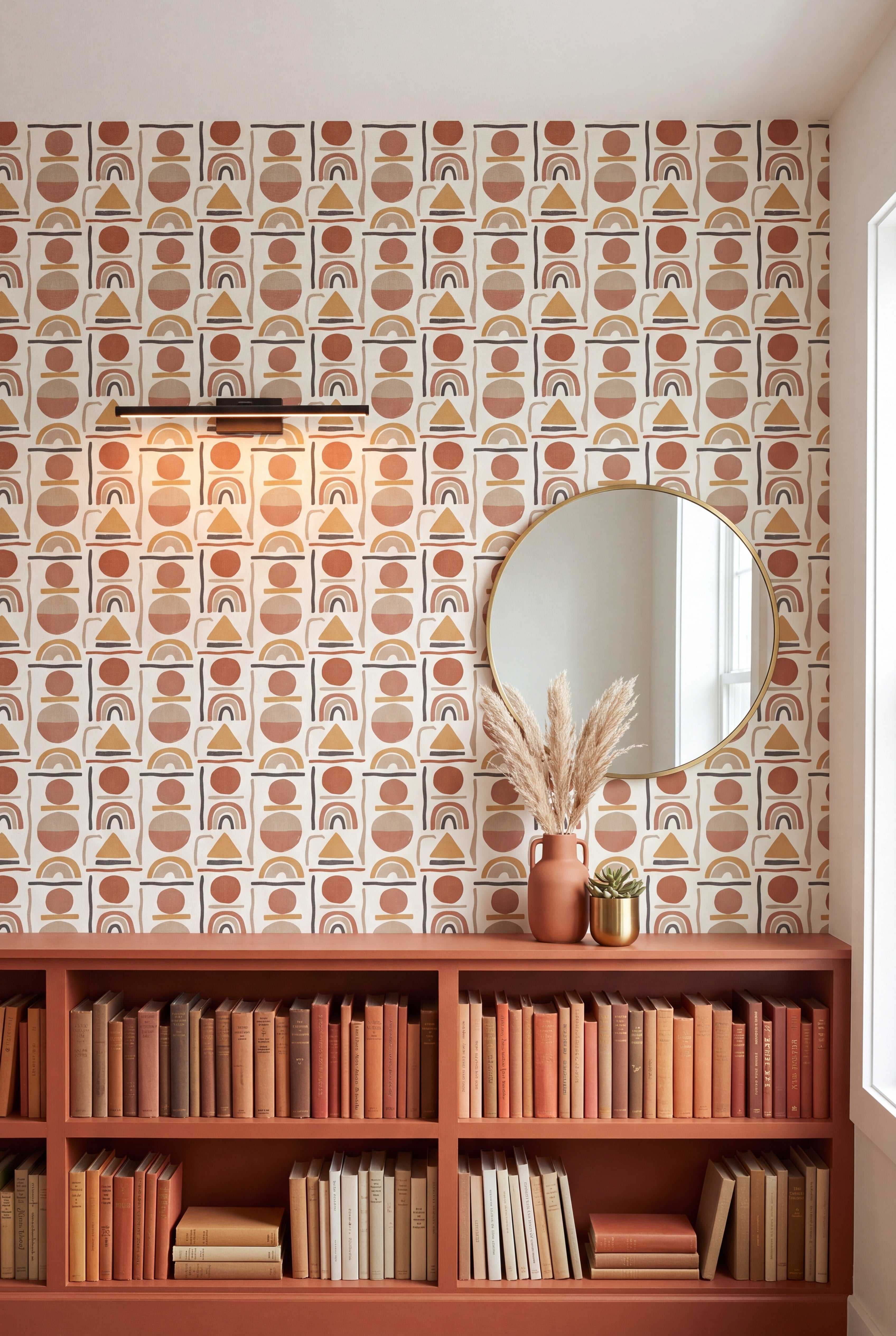Terracotta Arch wallpaper shown in a library