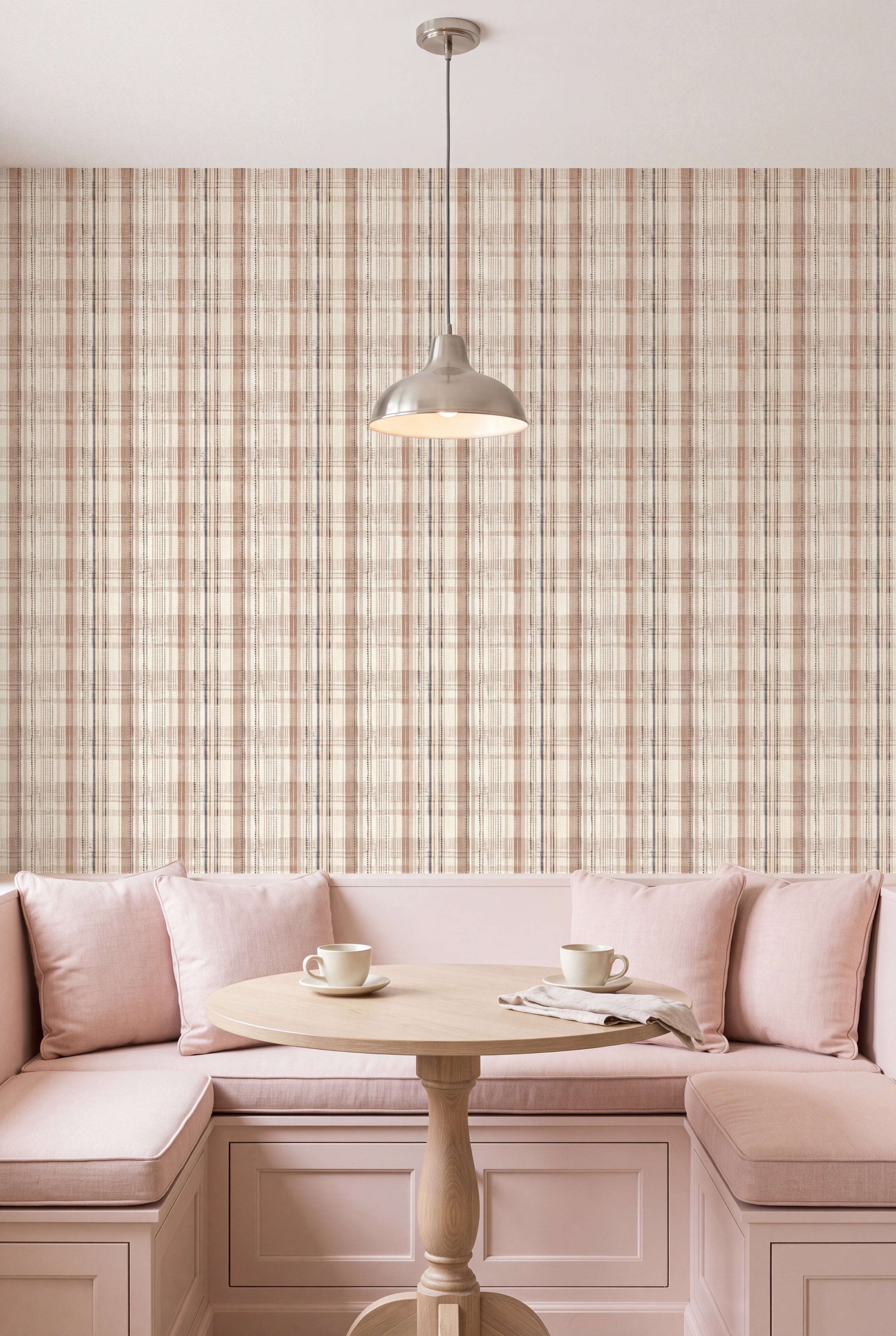 Blush Plaid wallpaper shown in a kitchen breakfast nook