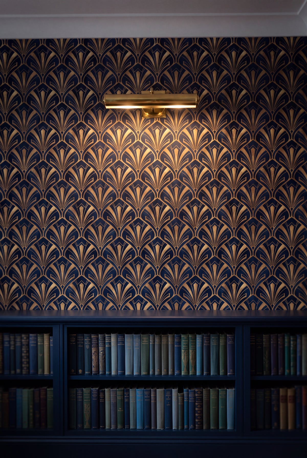 Midnight Plume wallpaper shown in a library