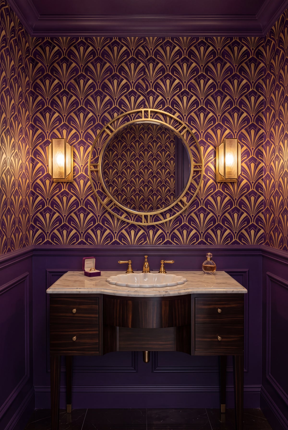 Amethyst Plume wallpaper shown in a powder room