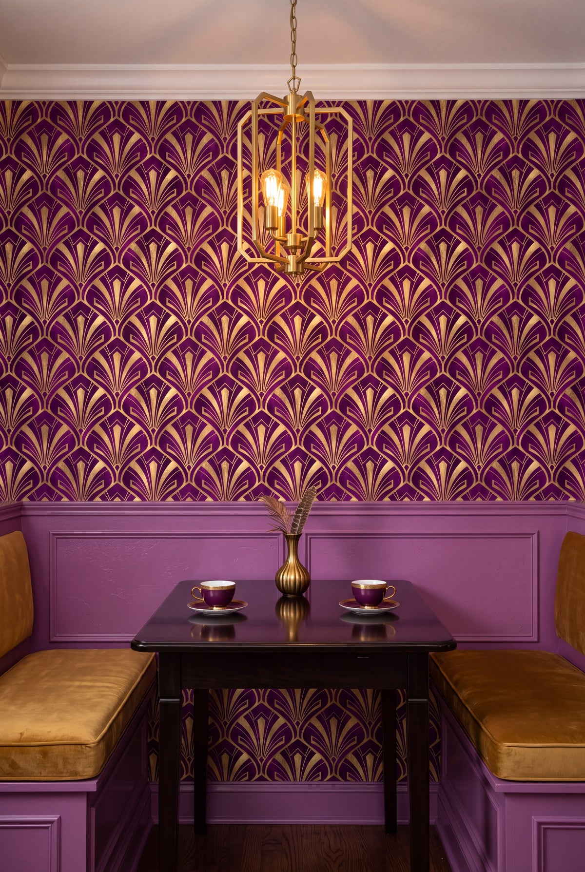 Orchid Plume wallpaper shown in a kitchen breakfast nook