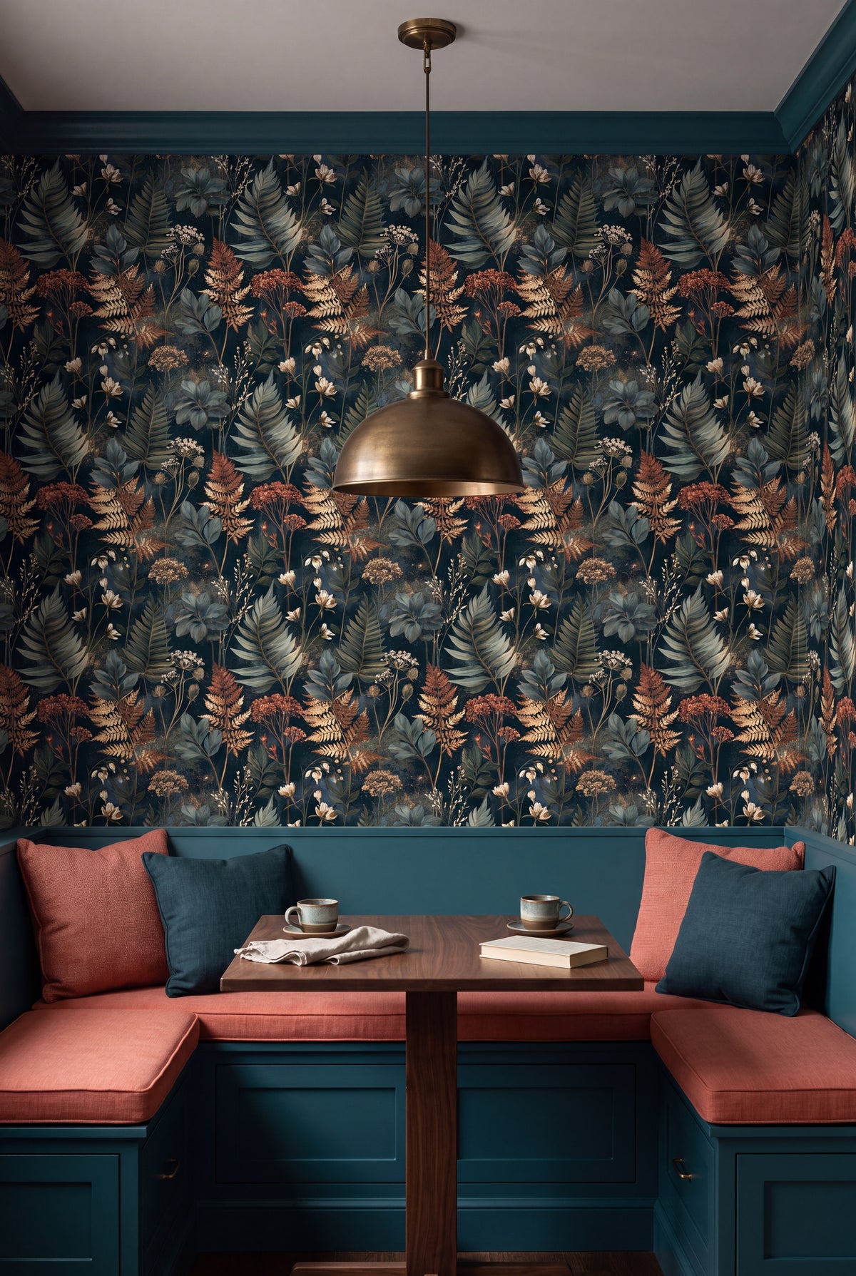 Coral Fernery wallpaper shown in a kitchen breakfast nook