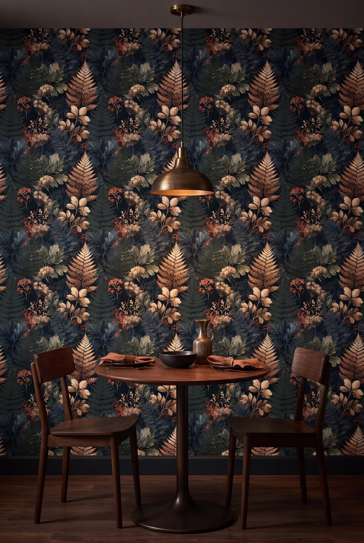 Blush Fernery wallpaper shown in a kitchen breakfast nook