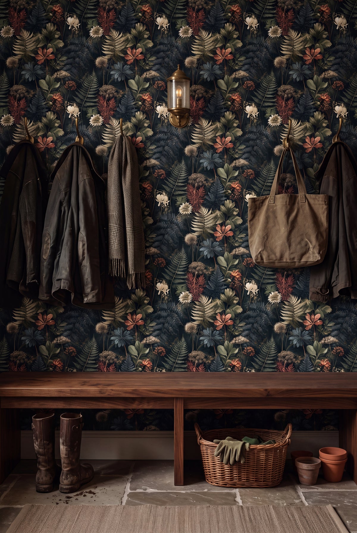 Moonlit Fernery wallpaper shown in a mudroom