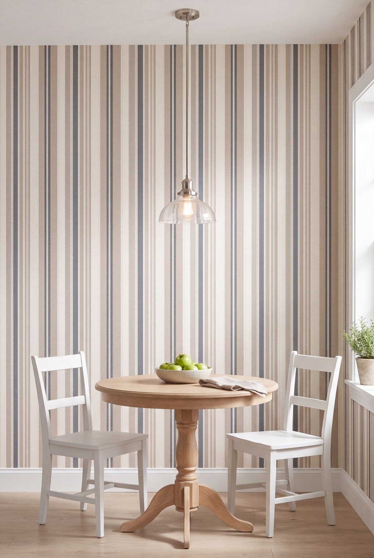 Harbor Ticking wallpaper shown in a kitchen breakfast nook