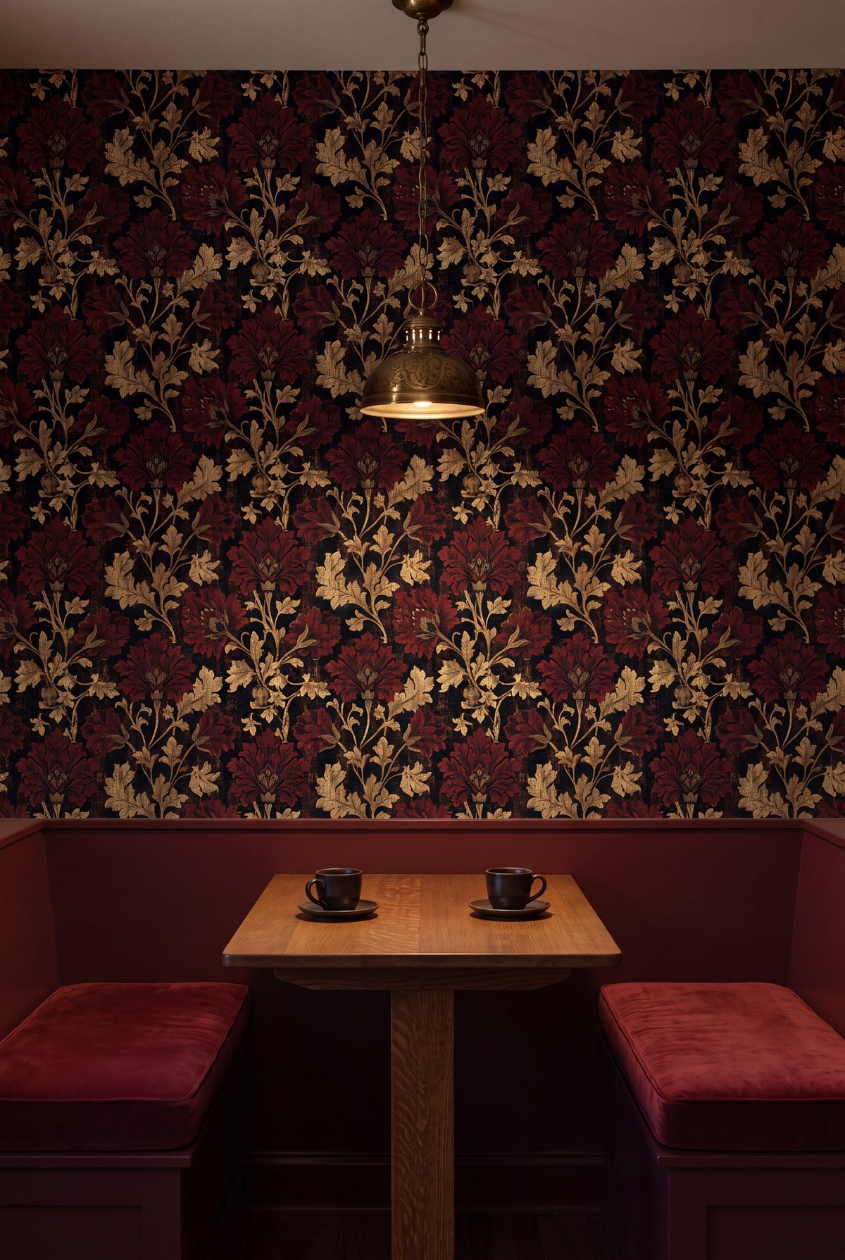 Garnet Vestry wallpaper shown in a kitchen breakfast nook