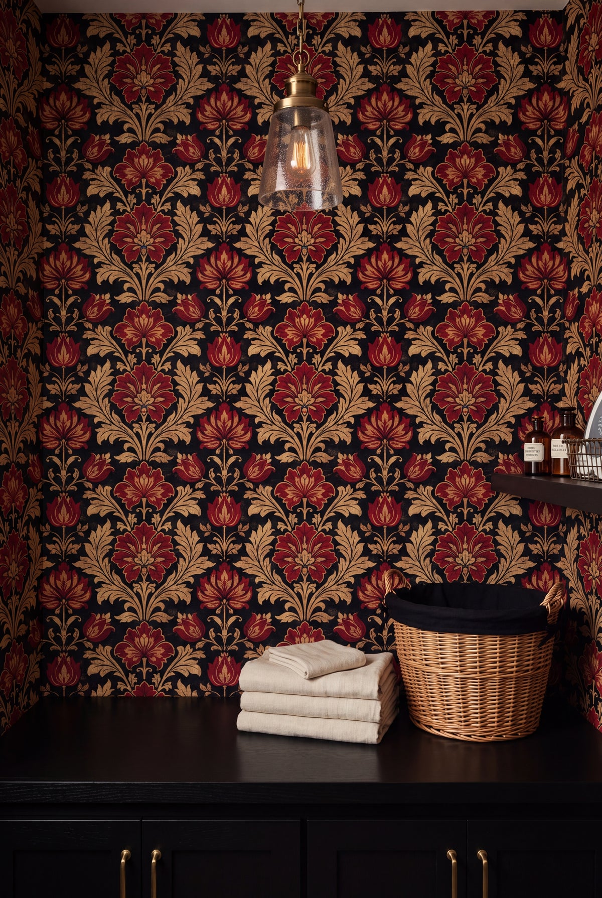 Scarlet Reliquary wallpaper shown in a laundry room