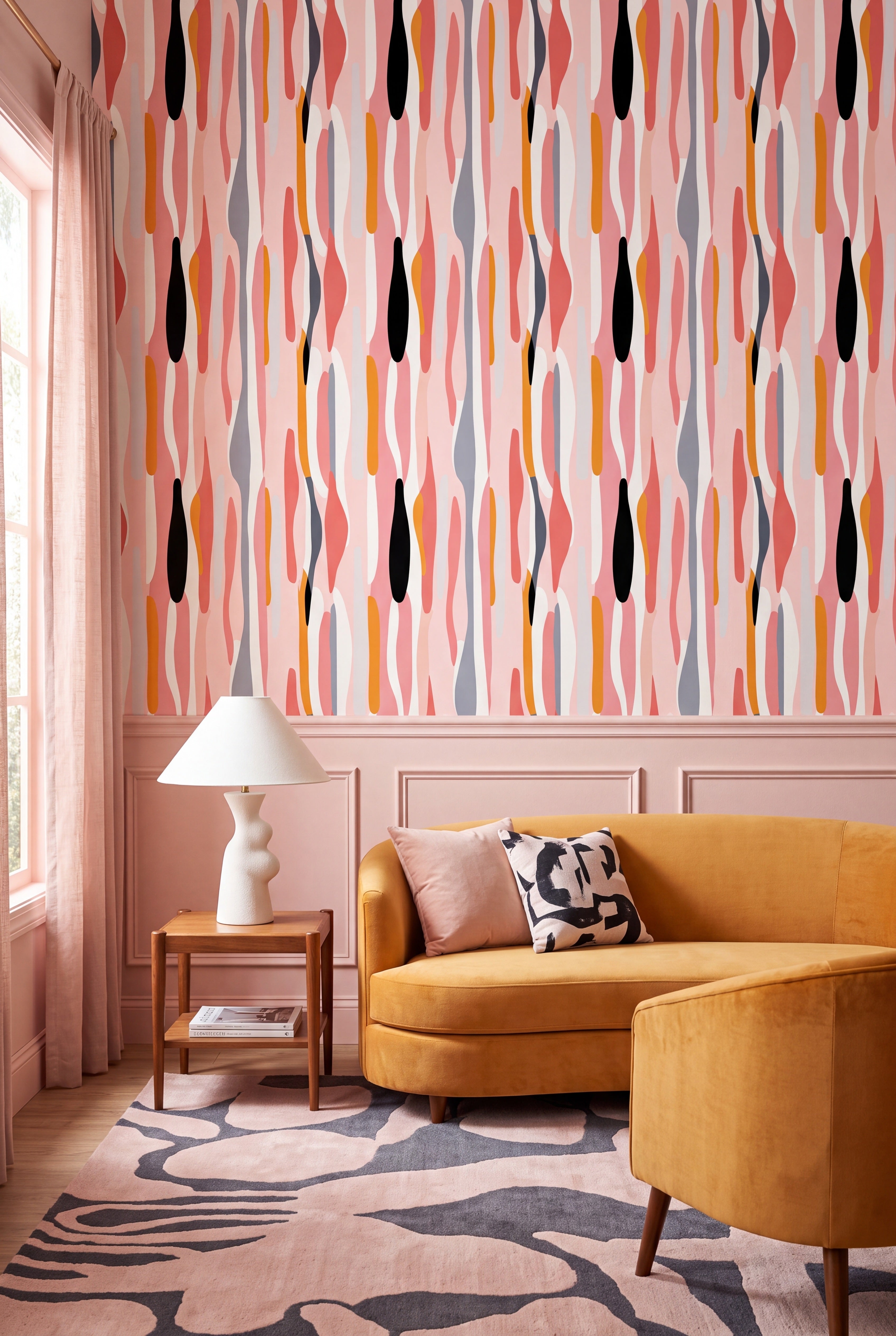 Malibu Stripe wallpaper shown in a living room