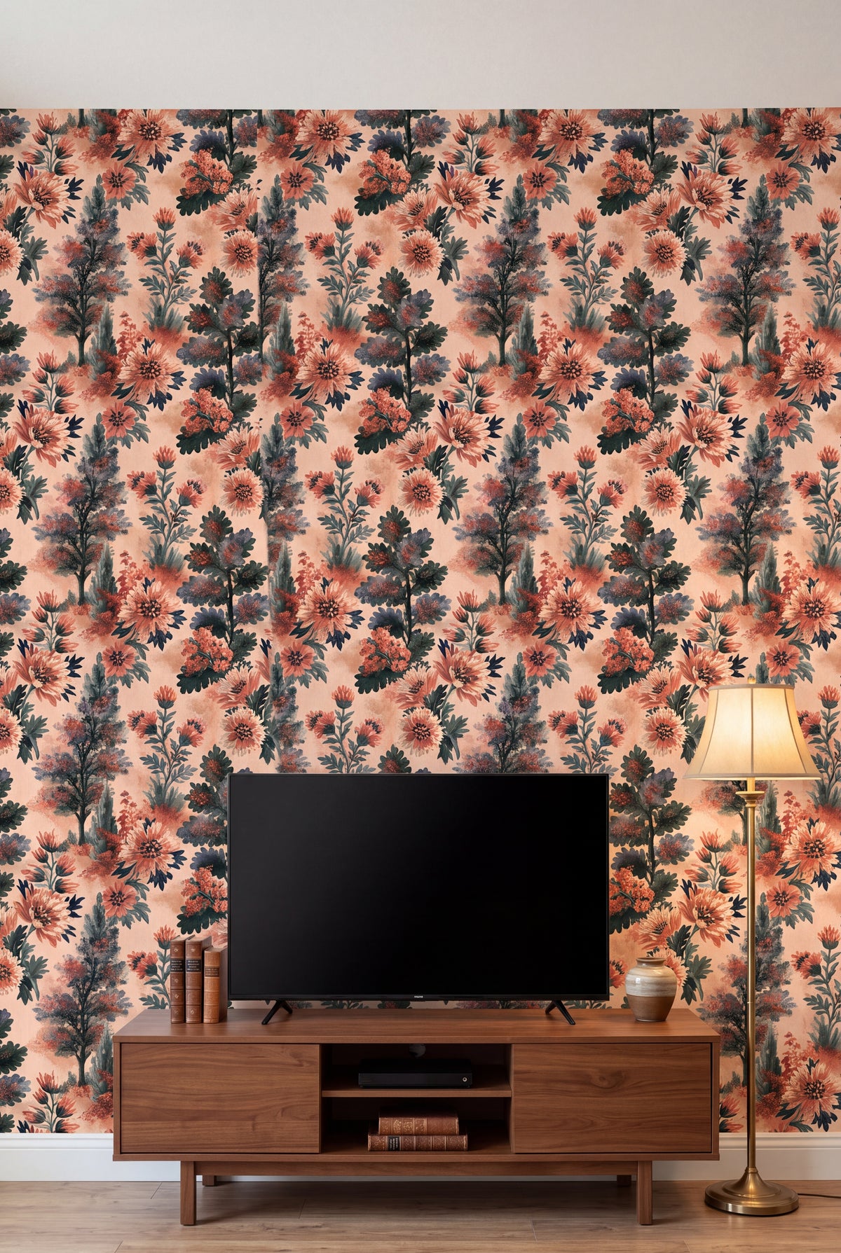Peach Arbor wallpaper shown in a media room