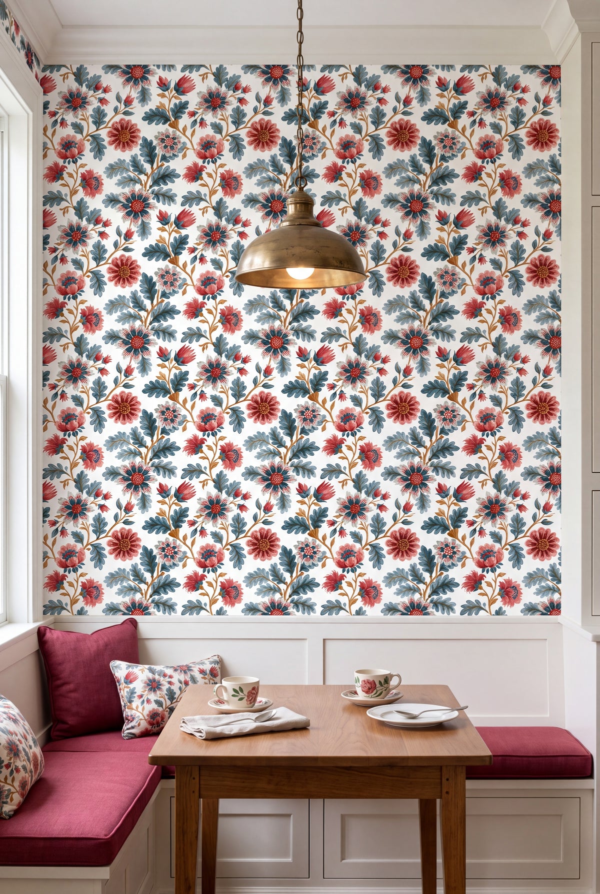 Cranberry Chintz wallpaper shown in a kitchen breakfast nook