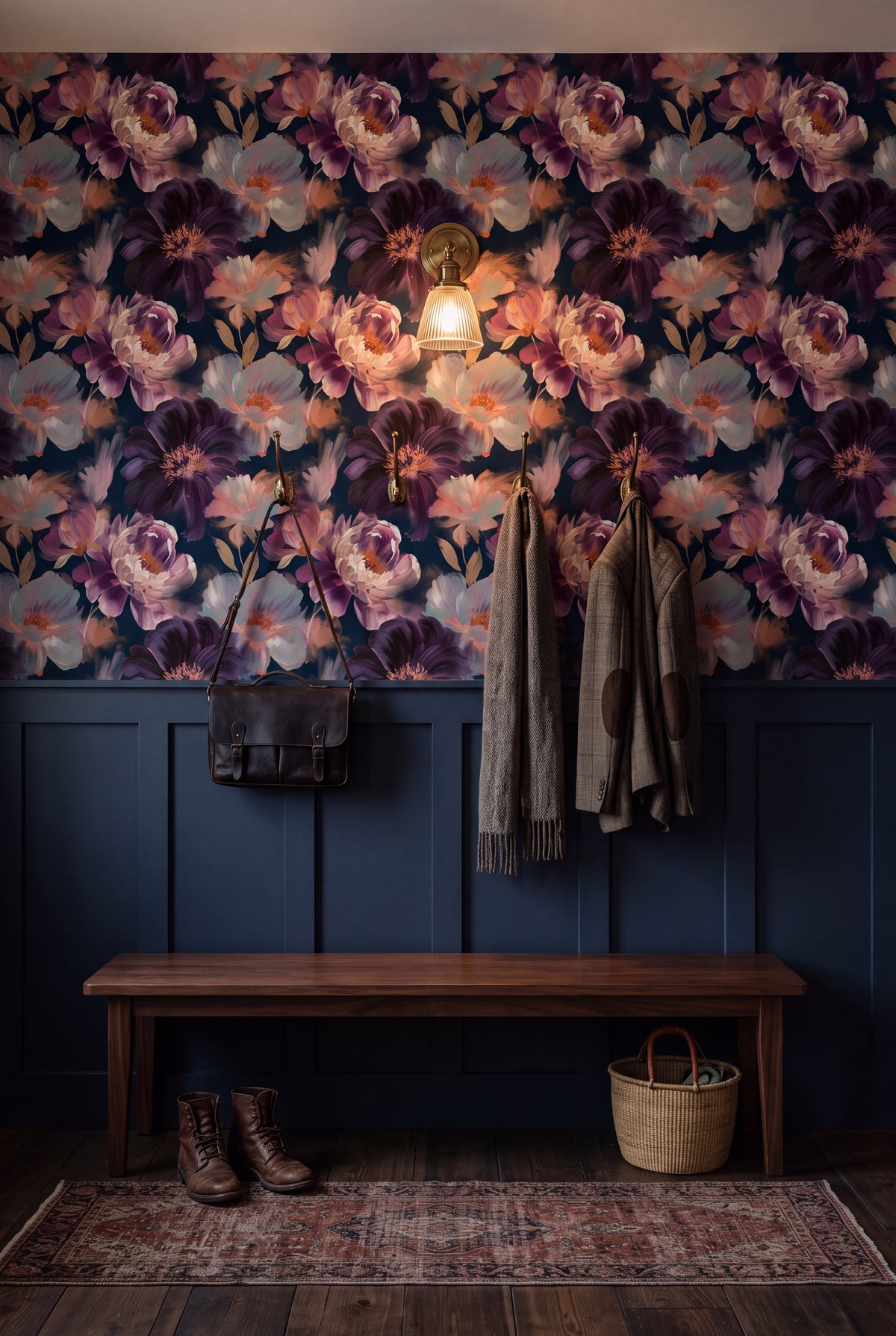 Violet Peony wallpaper shown in a mudroom