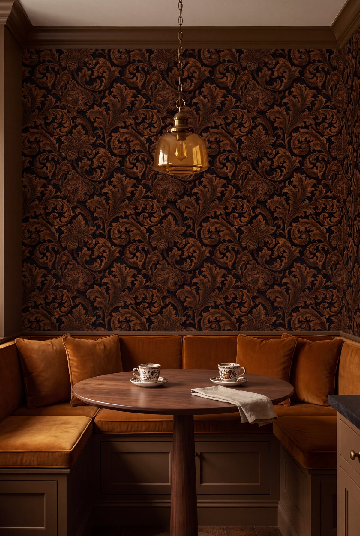 Amber Acanthus wallpaper shown in a kitchen breakfast nook