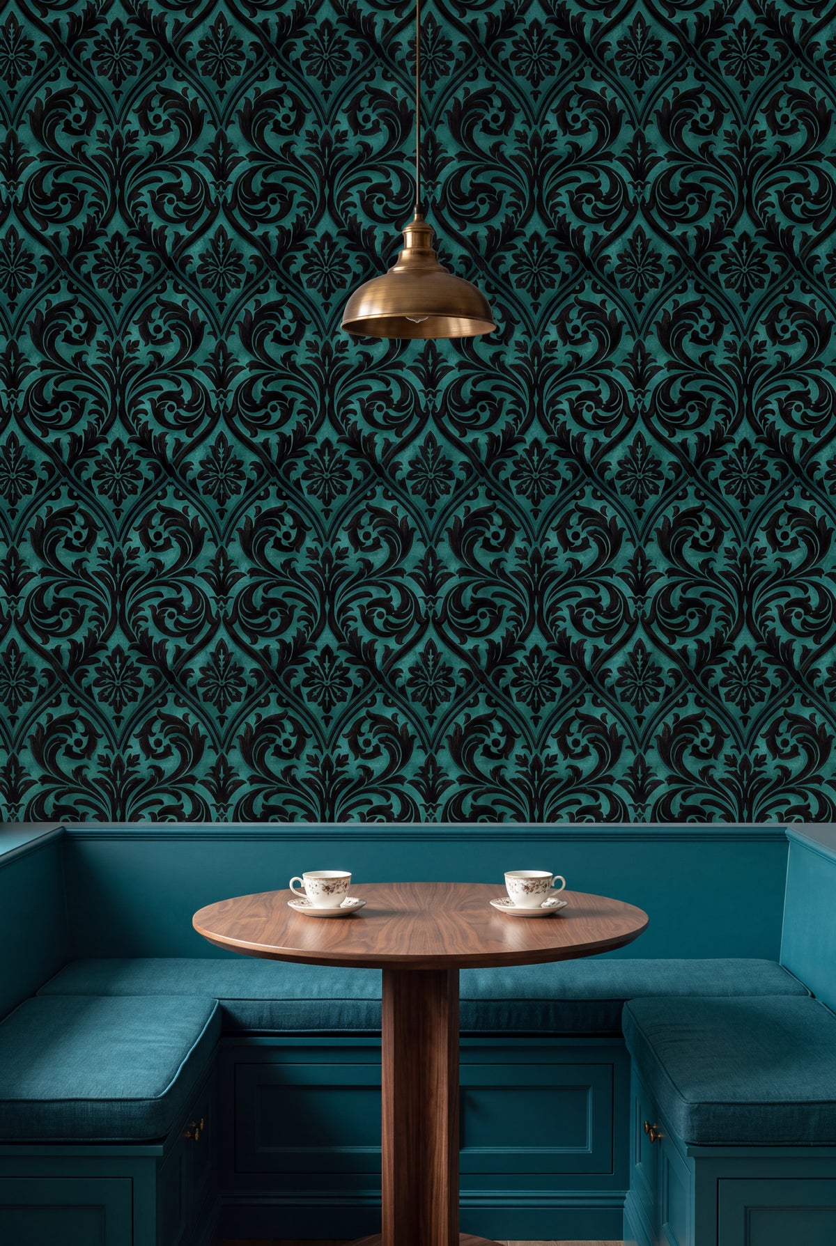 Teal Silhouette wallpaper shown in a kitchen breakfast nook