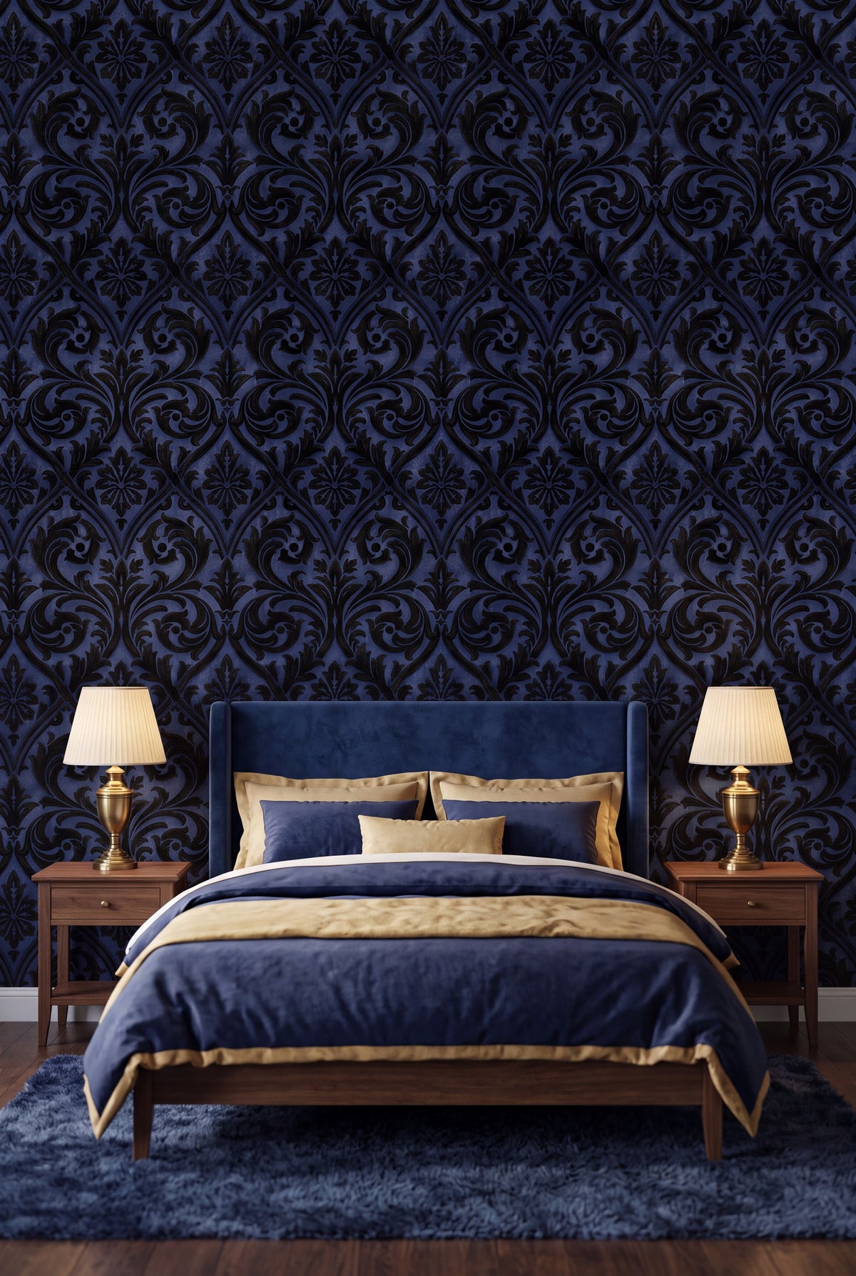 Indigo Silhouette wallpaper shown in a bedroom