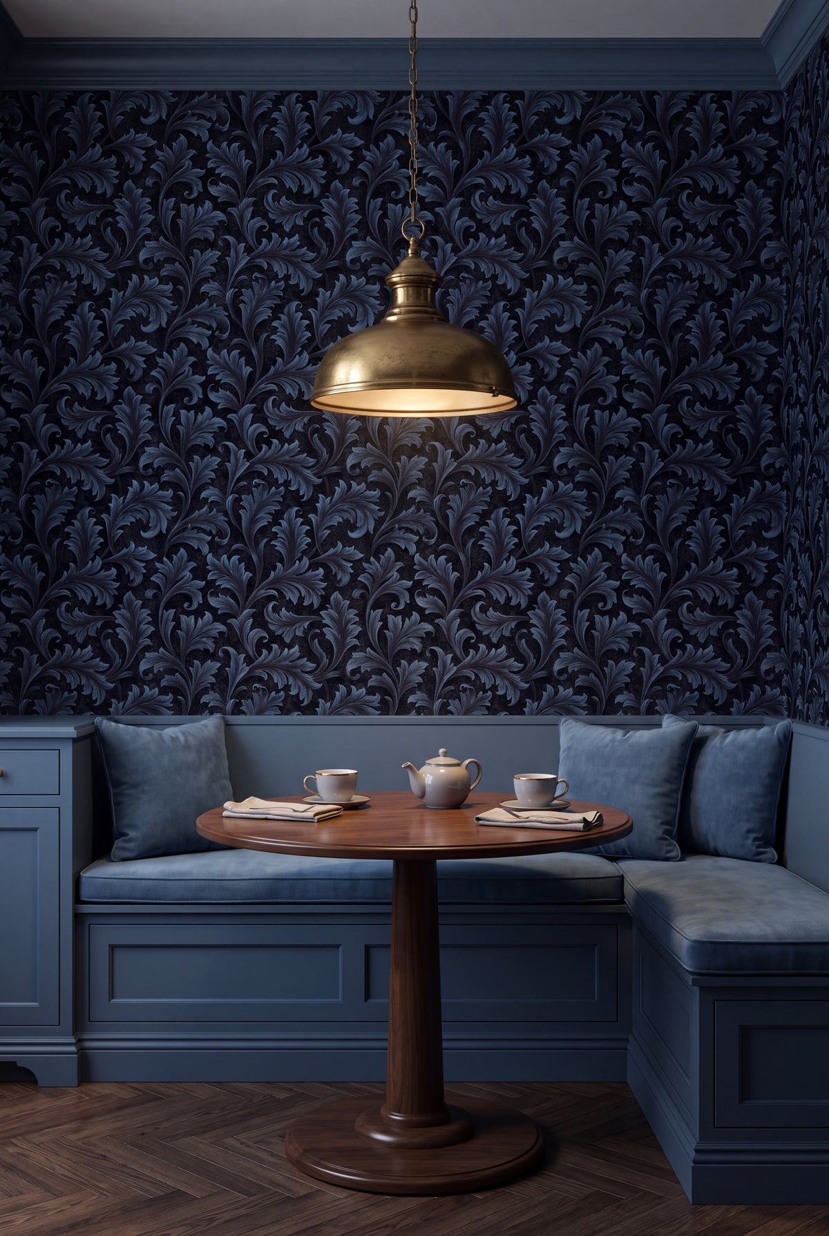 Steel Frond wallpaper shown in a kitchen breakfast nook