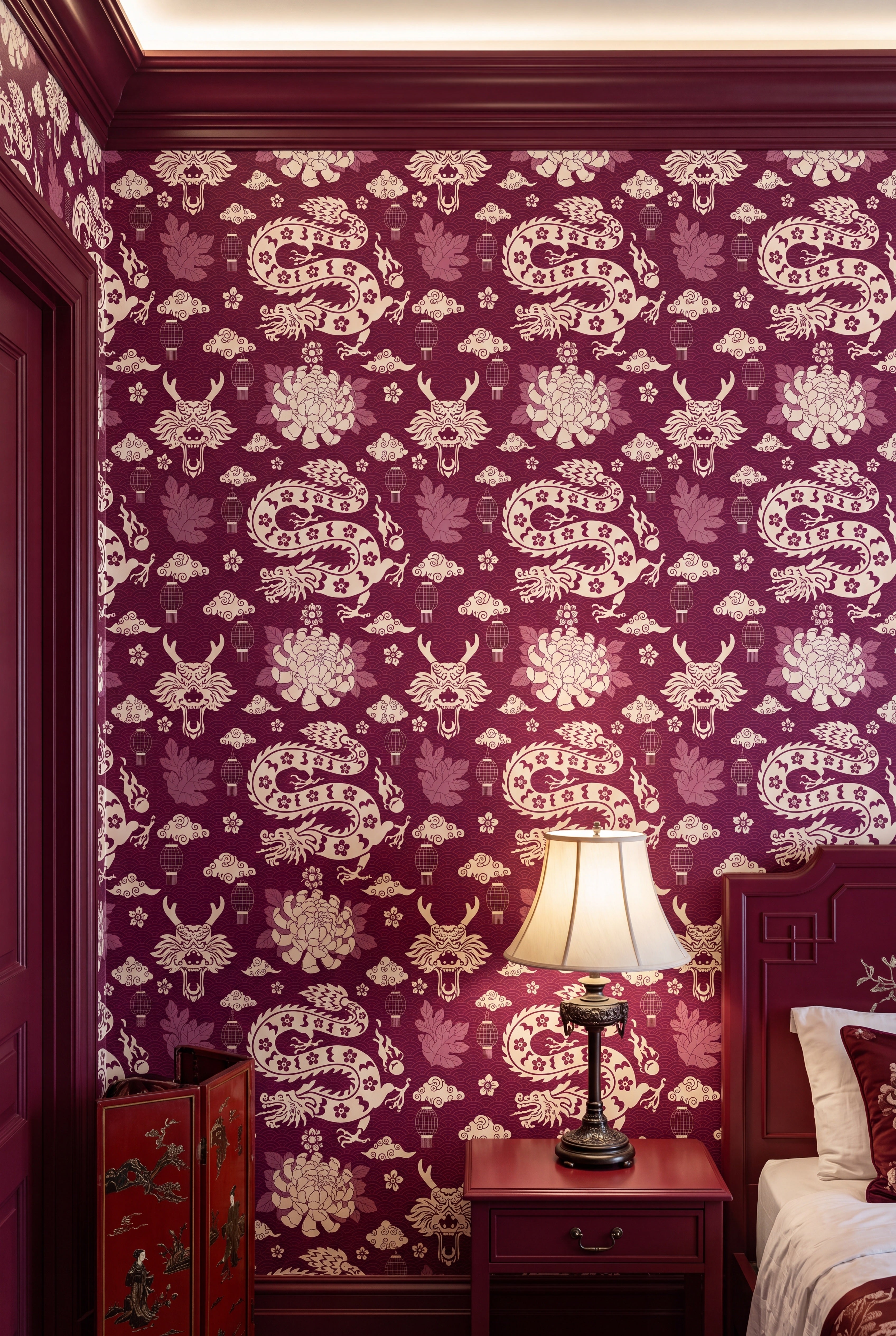 Dragon's Den wallpaper shown in a bedroom