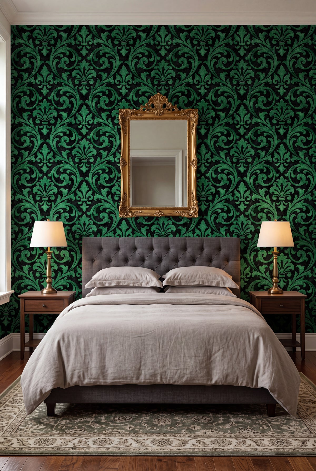 Jade Scrollwork wallpaper shown in a bedroom