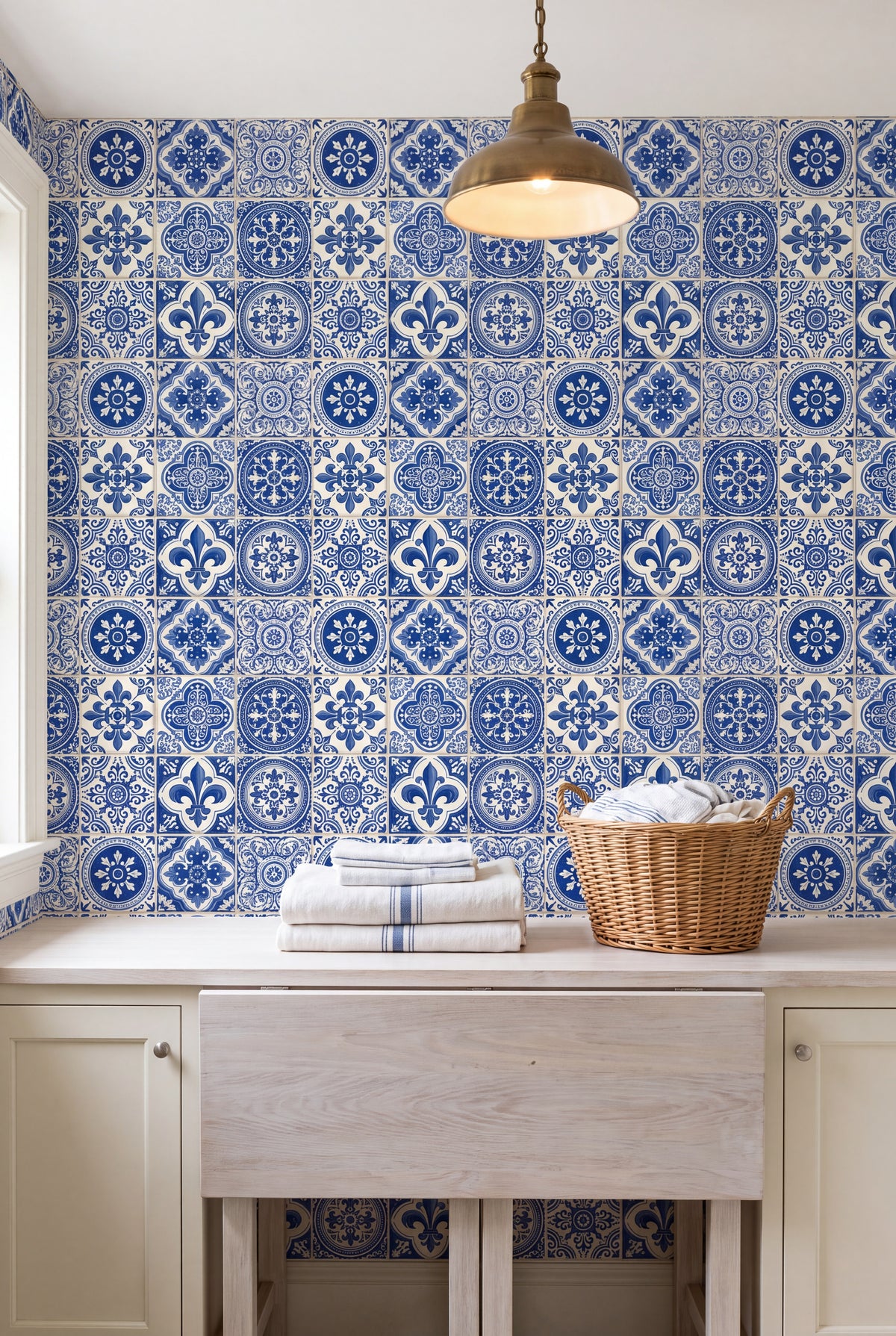 Lisbon Blue wallpaper shown in a laundry room