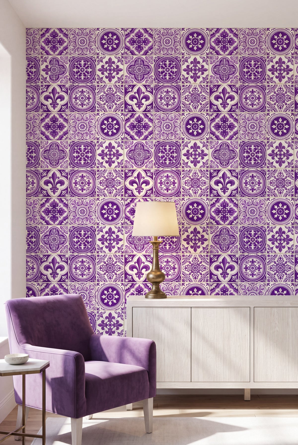 Lisbon Violet wallpaper shown in a living room