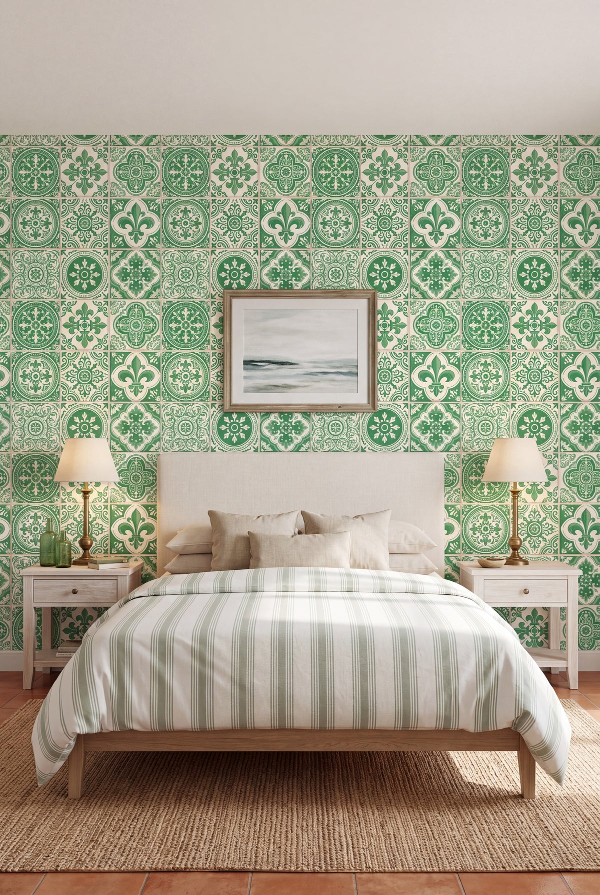 Lisbon Verde wallpaper shown in a bedroom