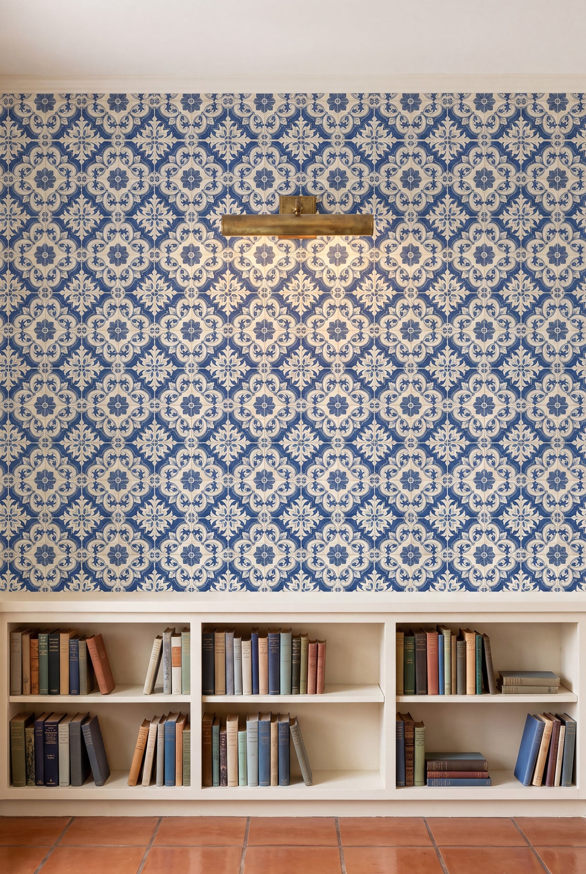 Porto Blue wallpaper shown in a library
