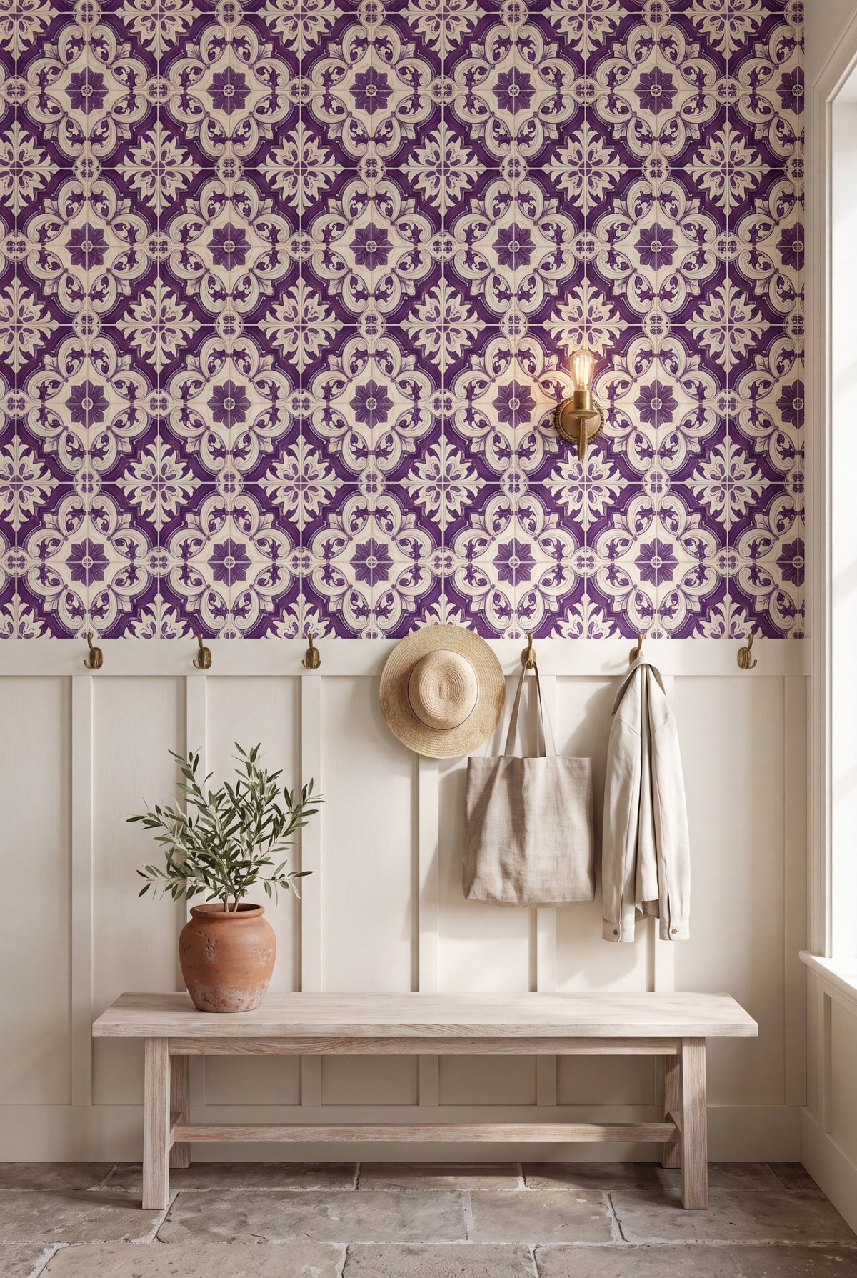 Porto Violet wallpaper shown in a mudroom
