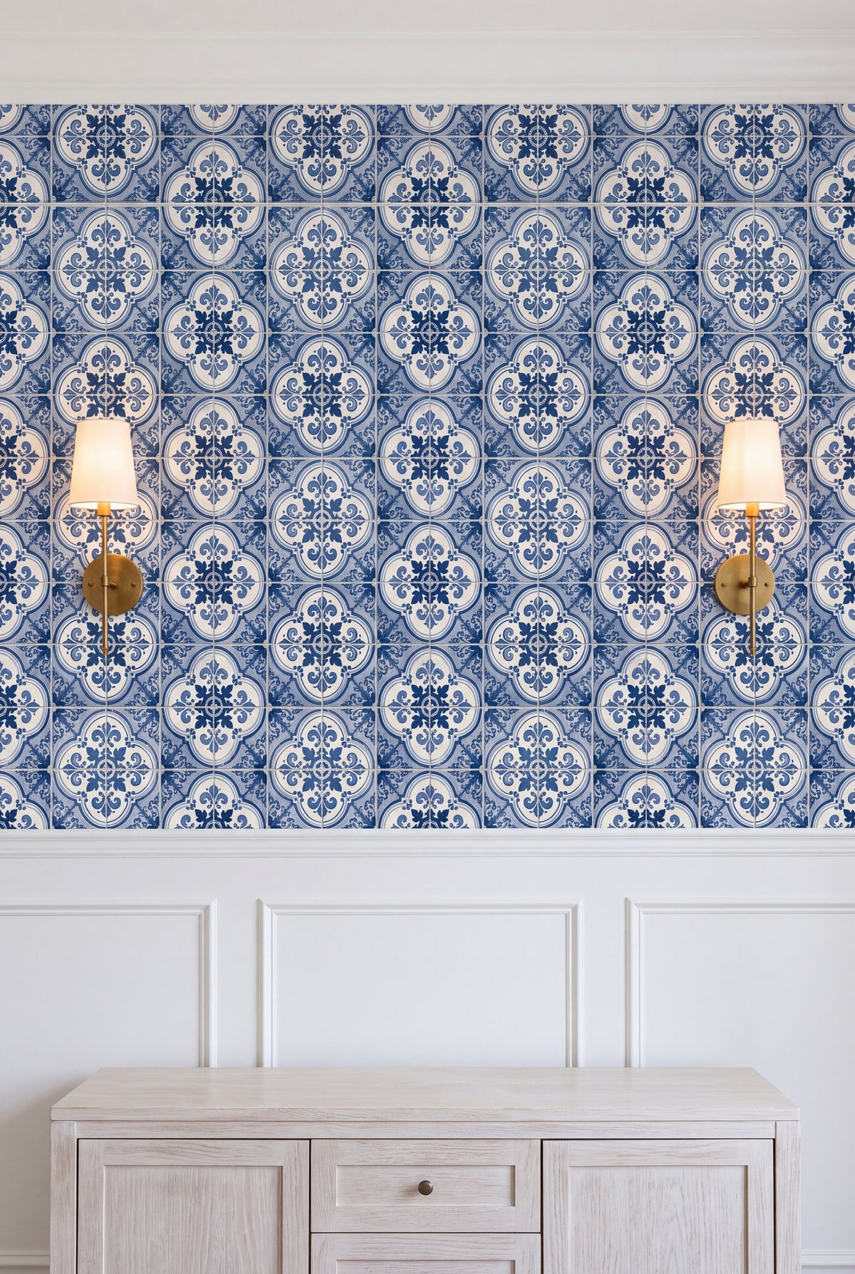 Sintra Blue wallpaper shown in a dining room