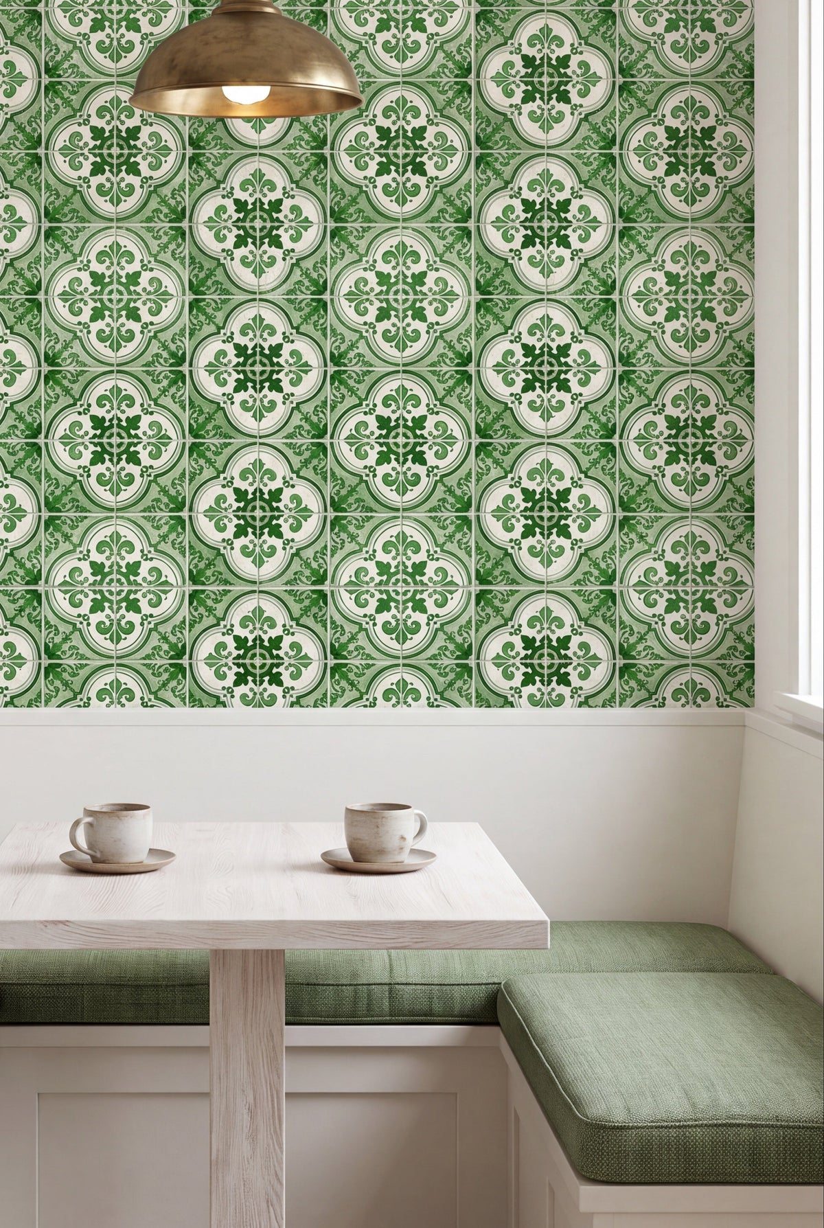 Sintra Green wallpaper shown in a kitchen breakfast nook