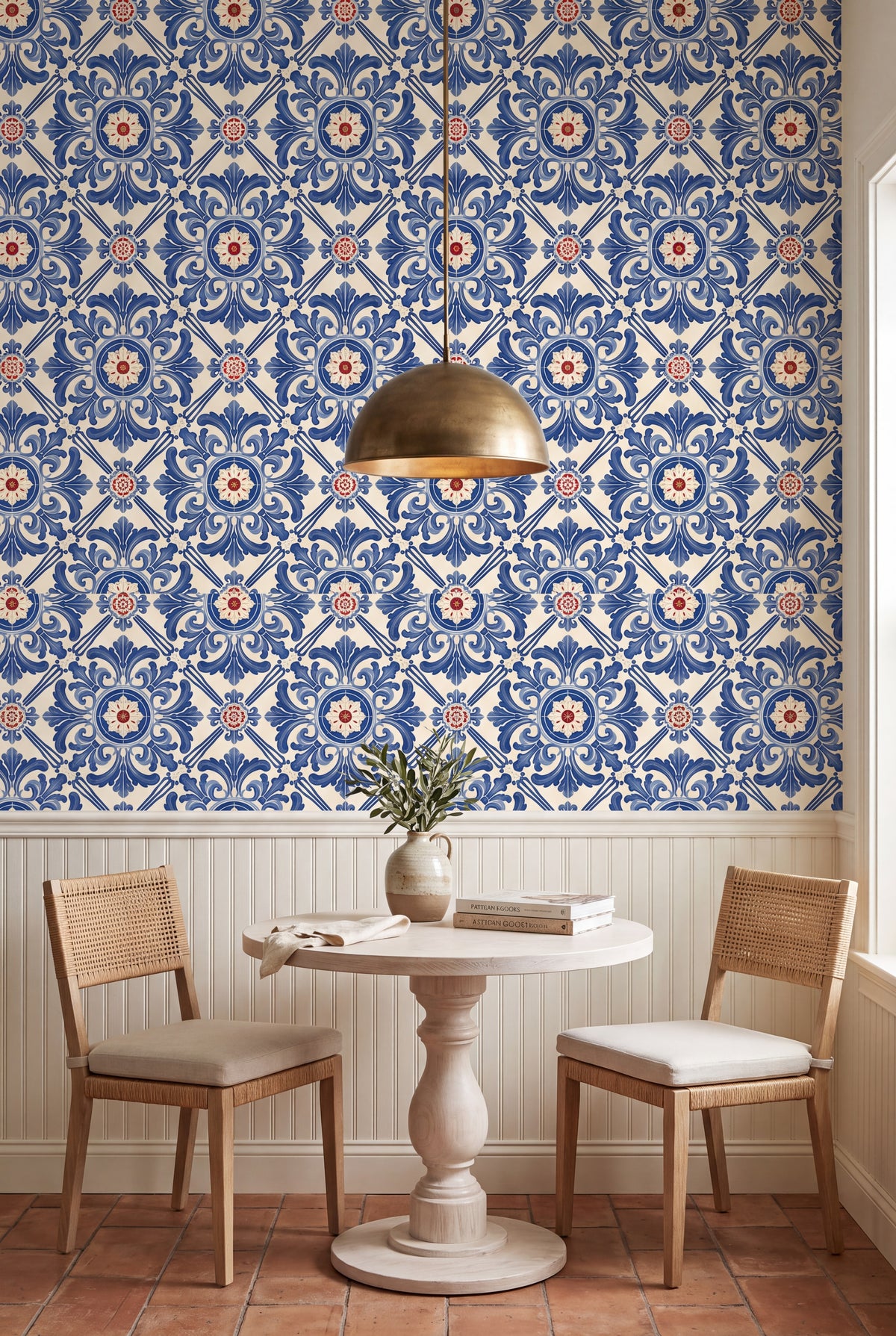 Coimbra Blue wallpaper shown in a kitchen breakfast nook