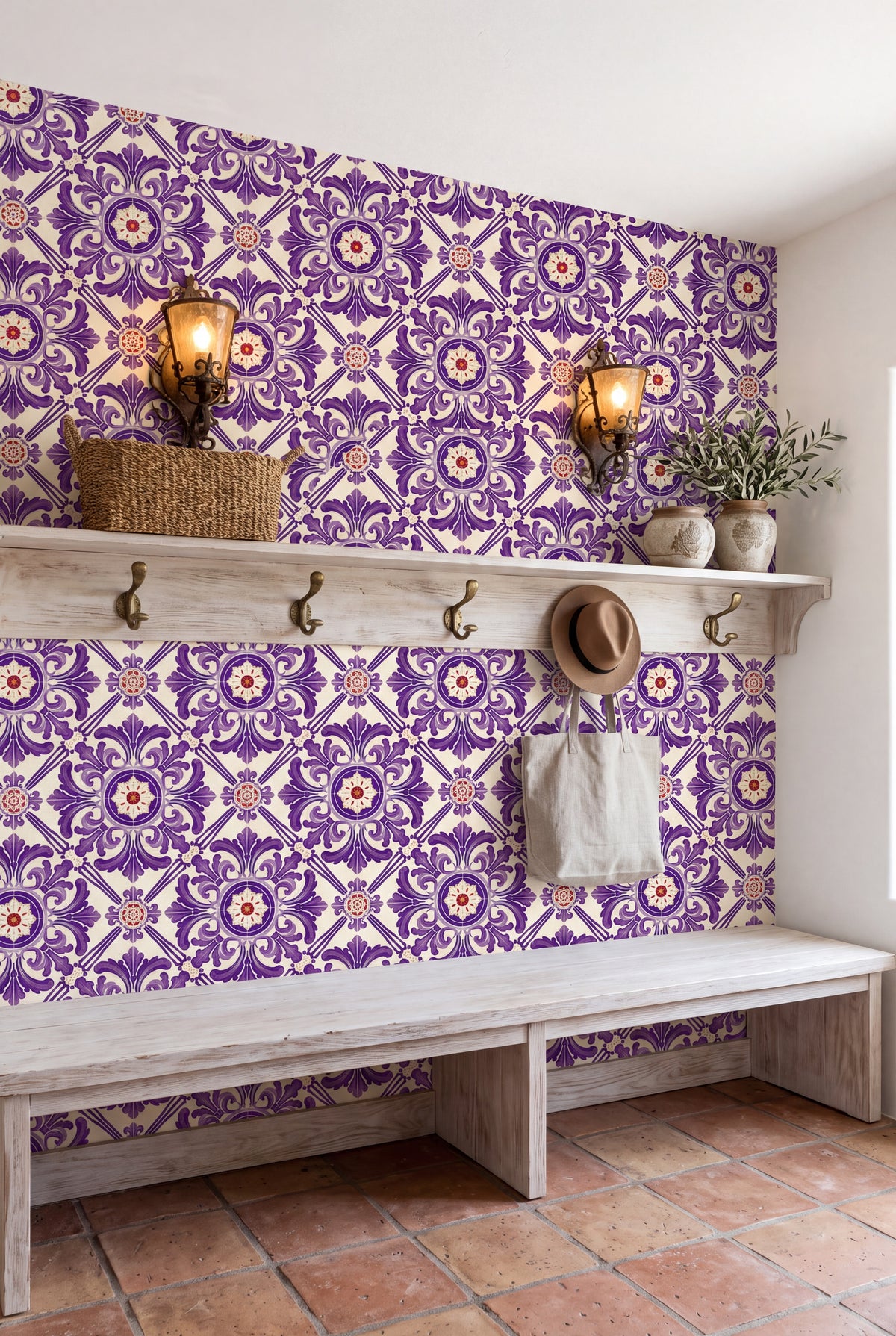 Coimbra Violet wallpaper shown in a mudroom
