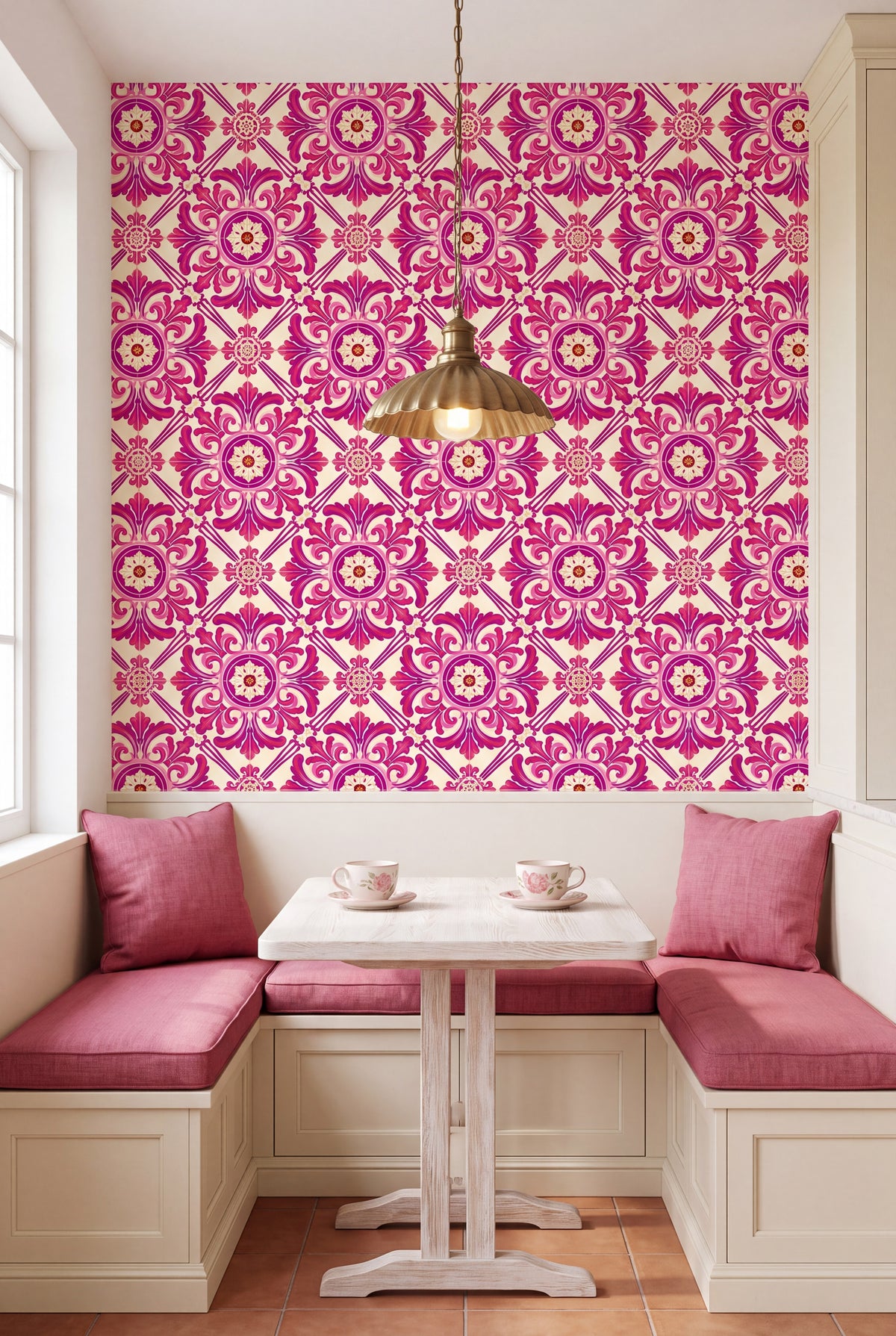 Coimbra Rose wallpaper shown in a kitchen breakfast nook