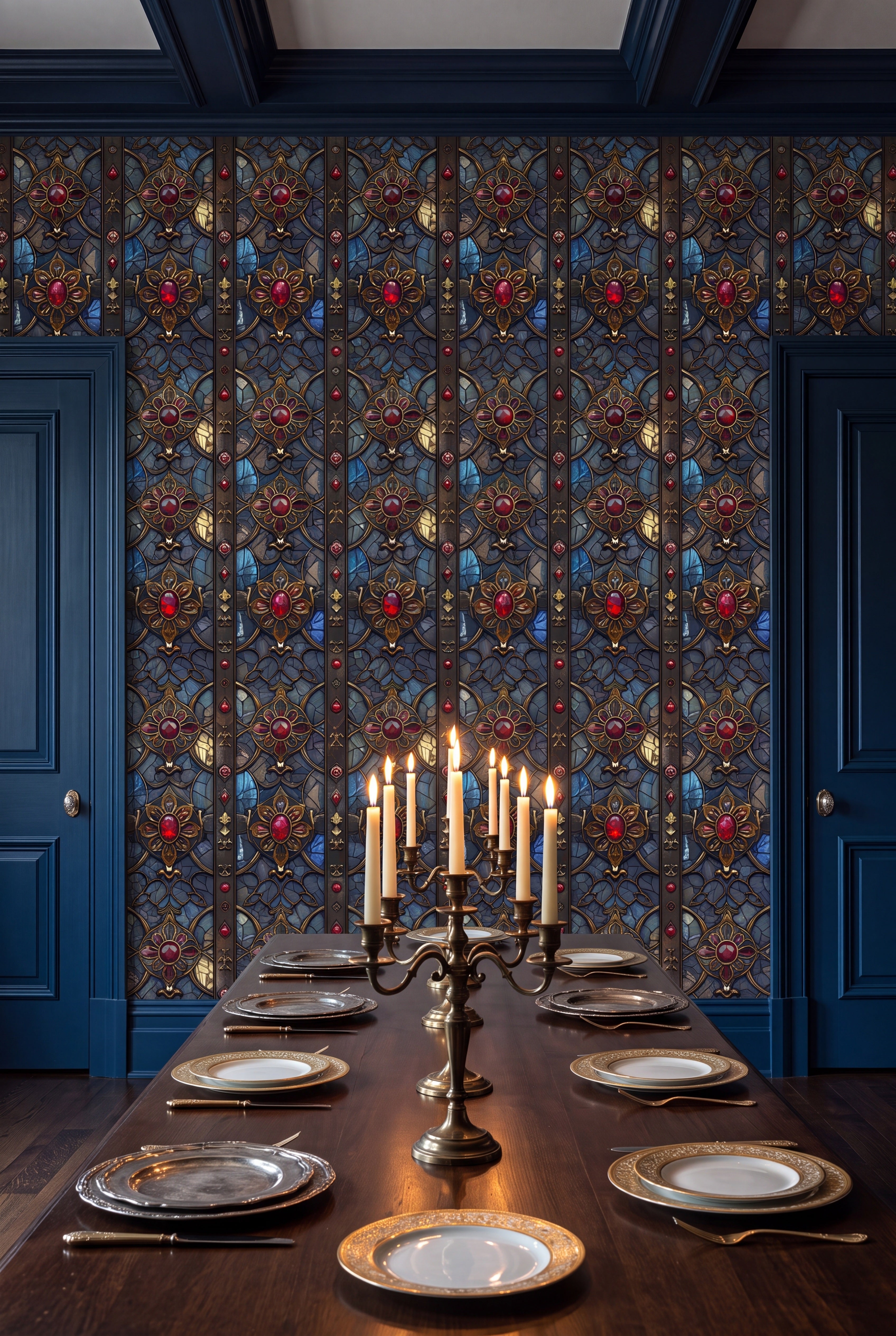 Rose Window wallpaper shown in a dining room
