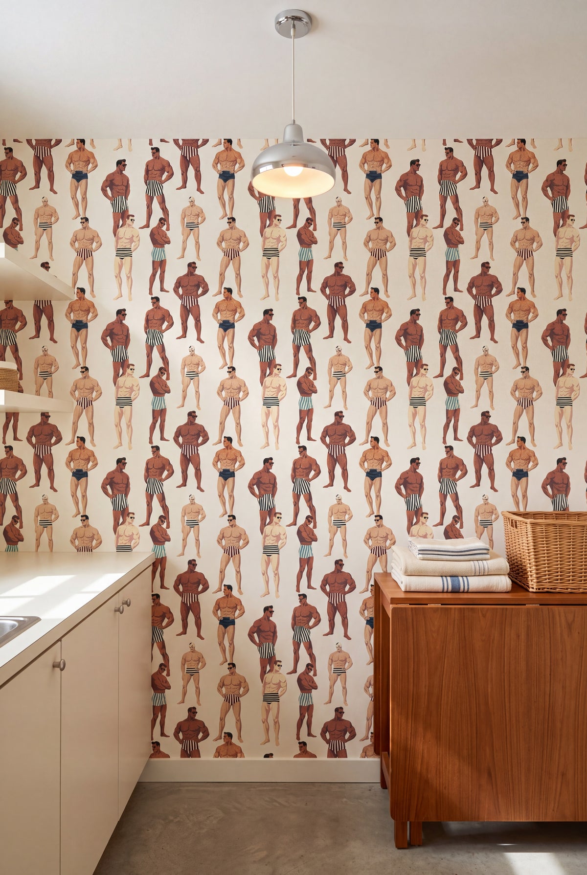 Riviera Club wallpaper shown in a laundry room