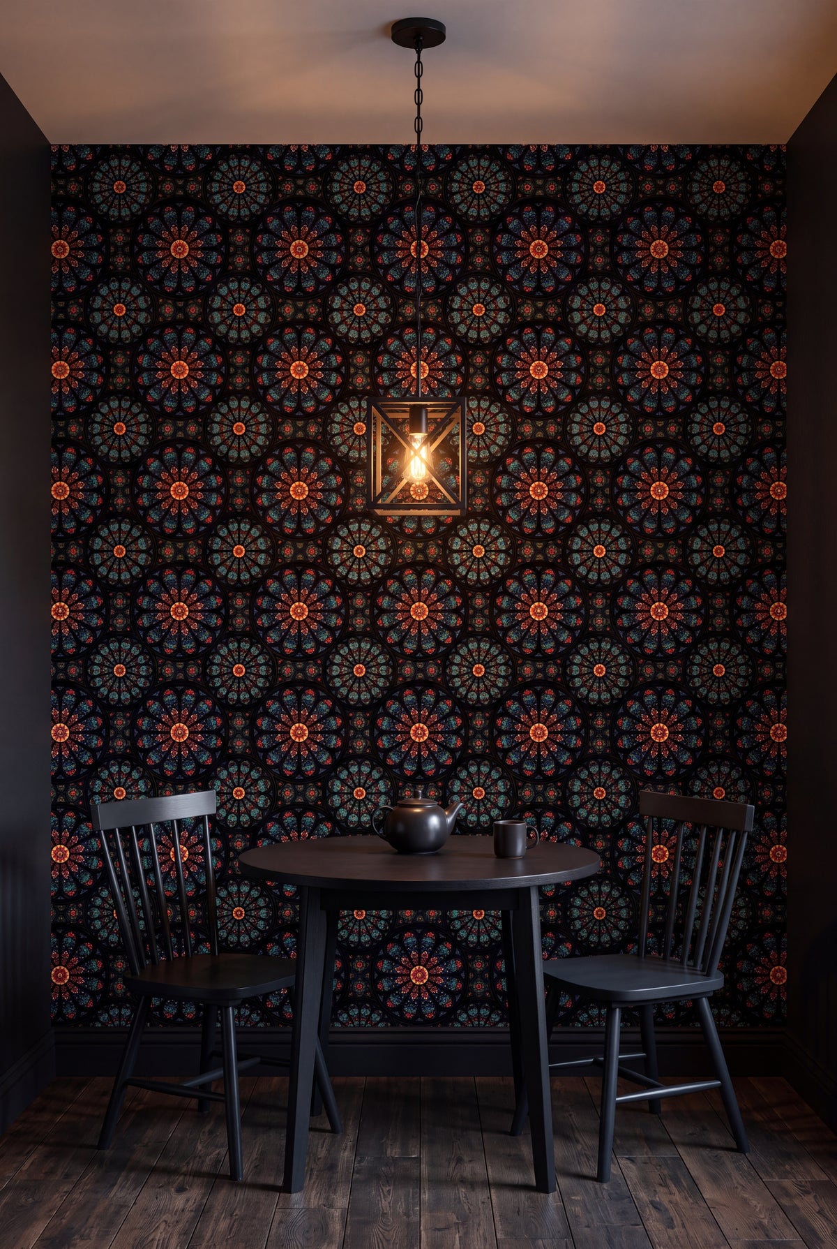 Vesper Rosette wallpaper shown in a kitchen breakfast nook