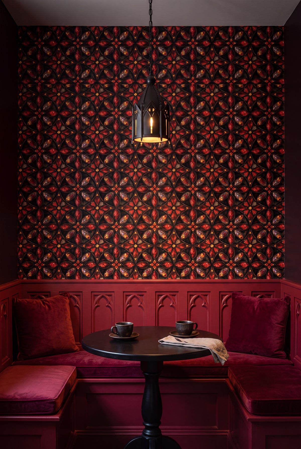 Crimson Quatrefoil wallpaper shown in a kitchen breakfast nook
