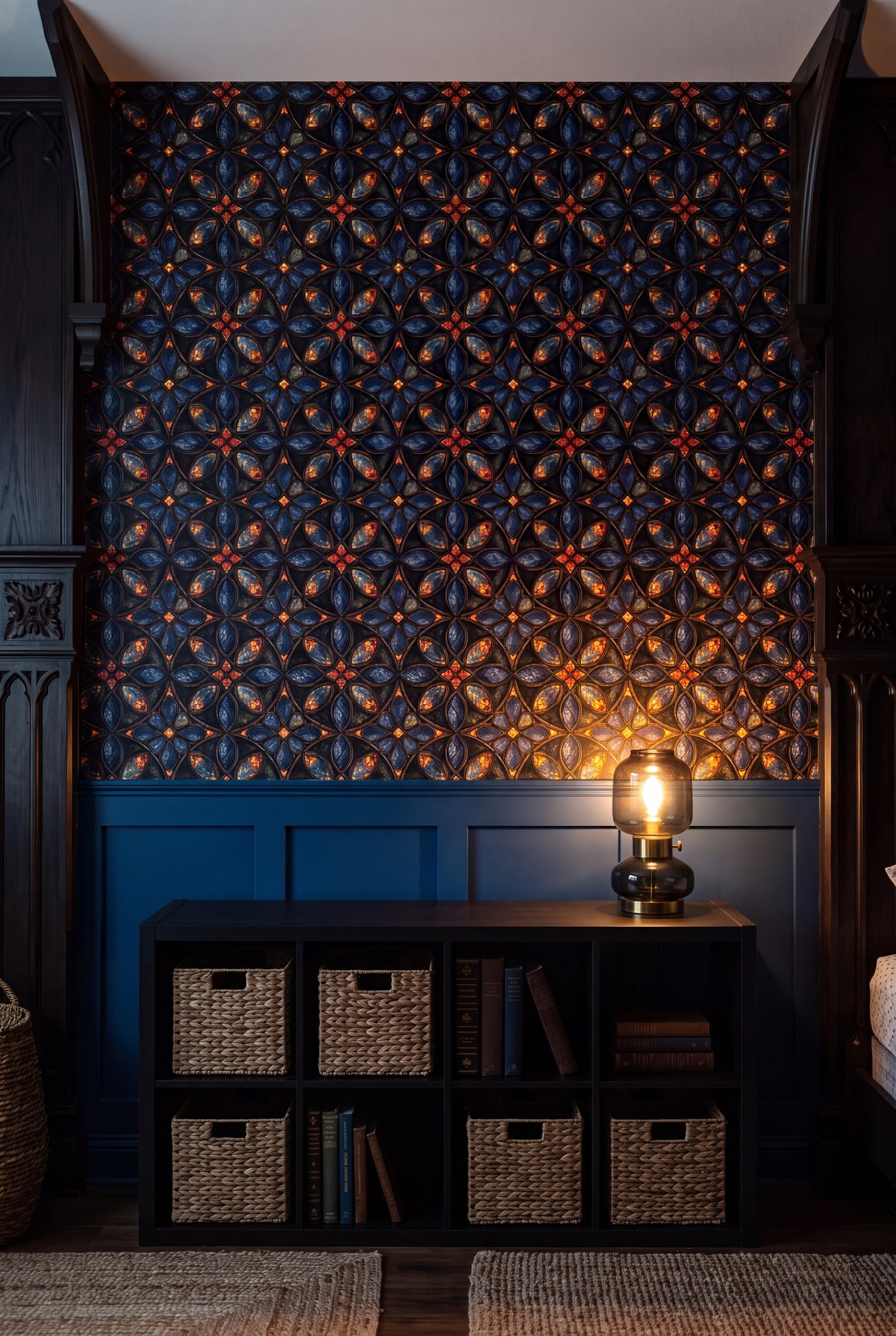 Sapphire Quatrefoil wallpaper shown in a kids room