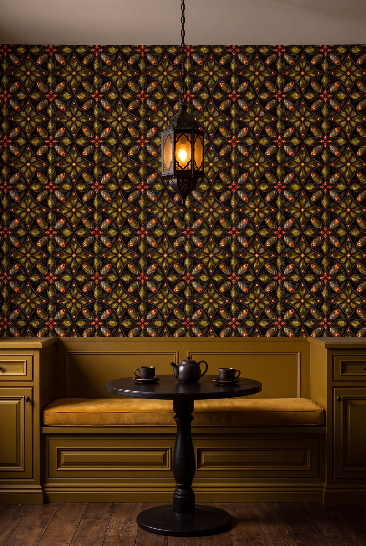 Topaz Quatrefoil wallpaper shown in a kitchen breakfast nook
