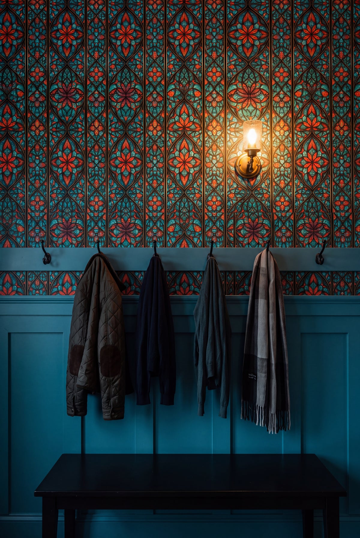 Cathedral Aqua wallpaper shown in a mudroom