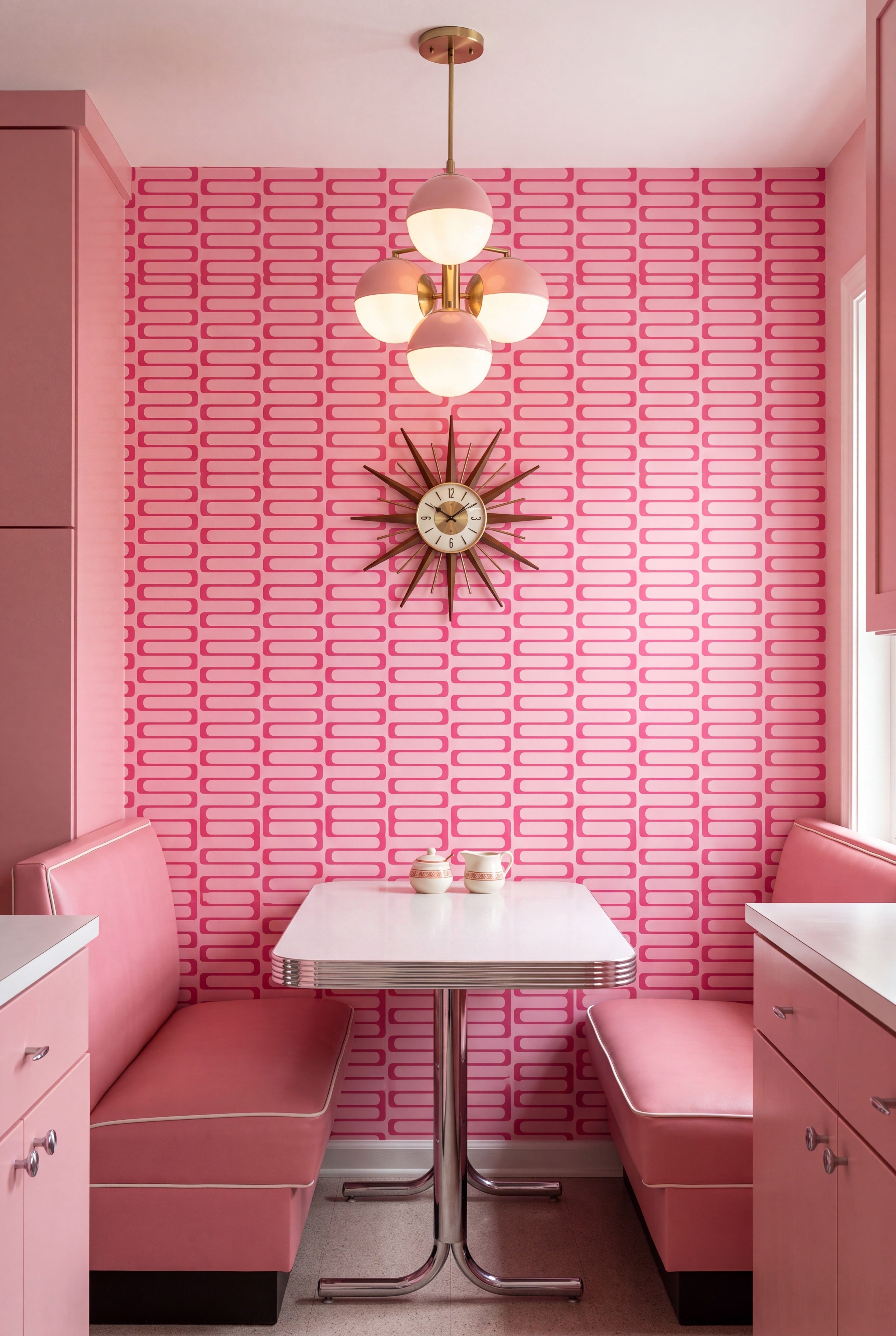 Palm Springs Pink wallpaper shown in a cozy nook