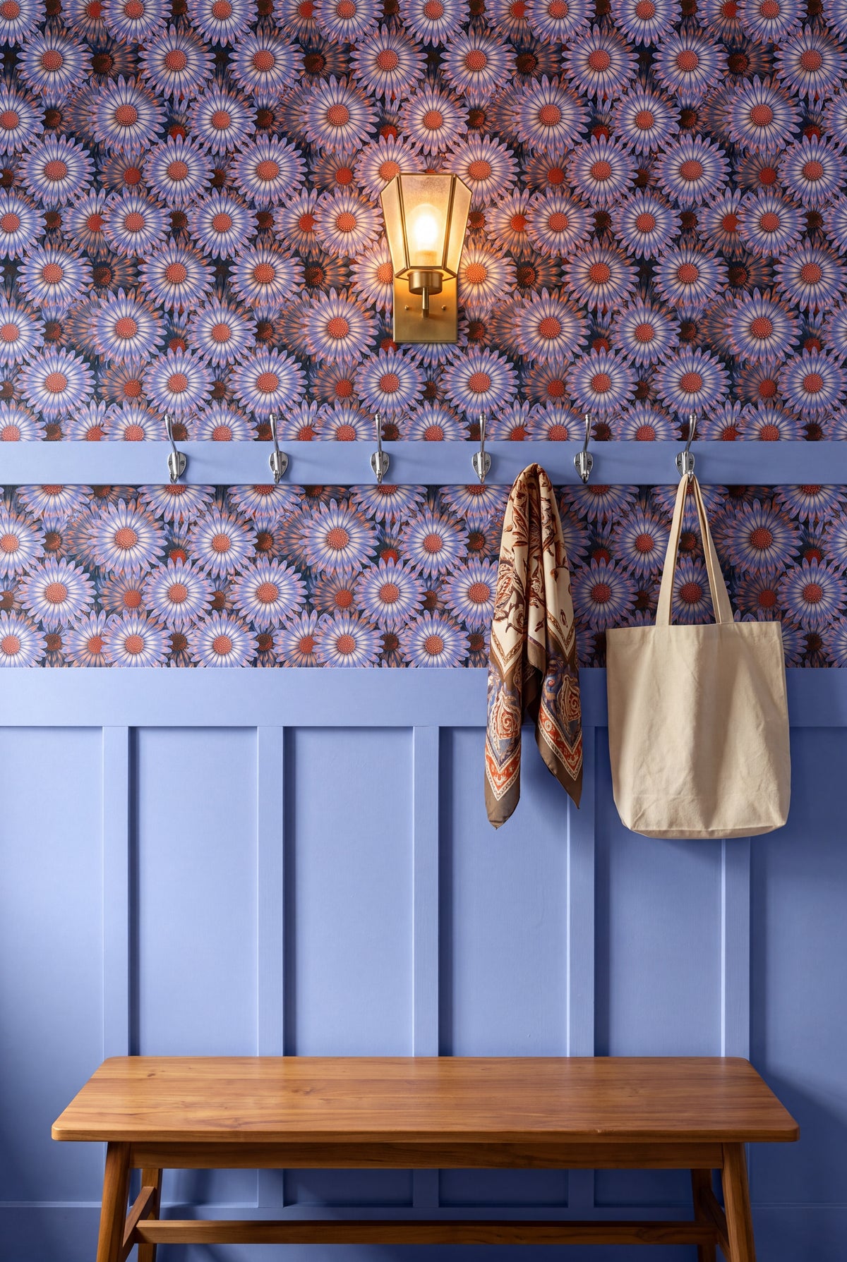 Periwinkle Daisy wallpaper shown in a mudroom